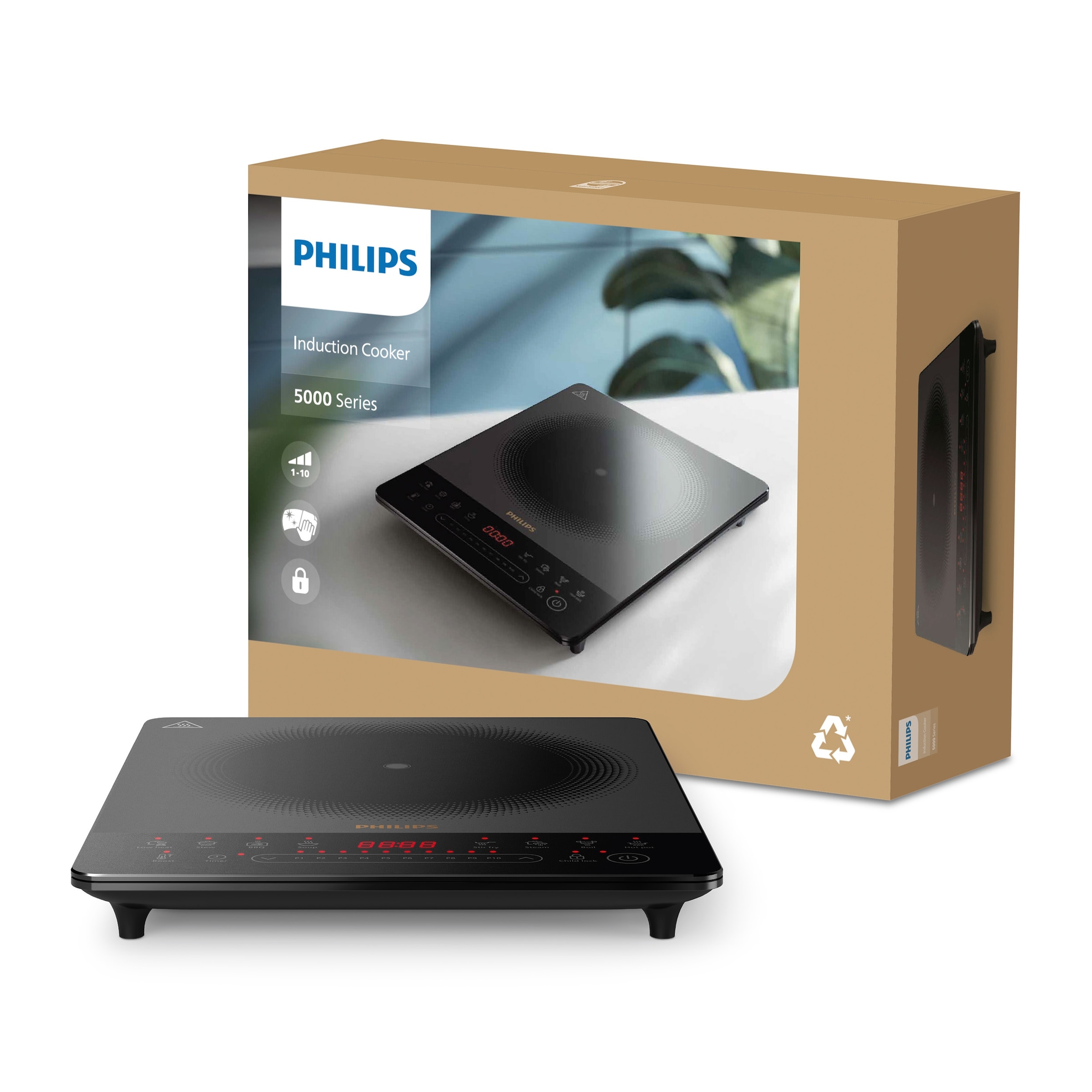 Philips Einzel-Induktionskochplatte »HD5850/90 5000 Series mit 10 Heizstufen, Boost-Funktion u. Timer« Ultraflaches Design, automatische Pfannenerkennung, Touch-Display