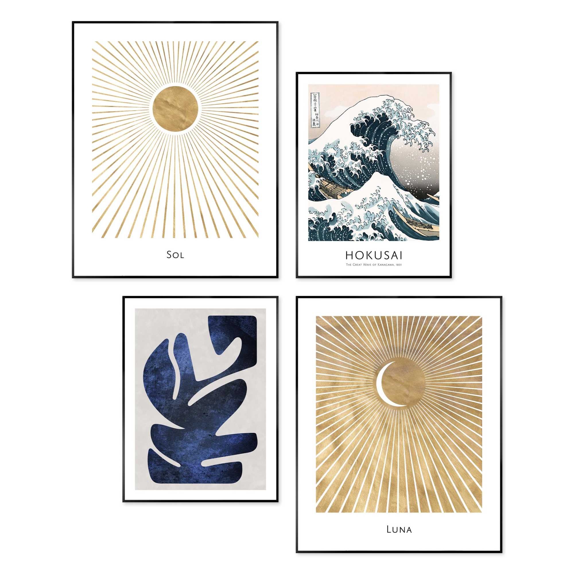 Reinders! Bild mit Rahmen »Hokusai die große Welle gesetzt« Gemälde 4 Stk. tlg. Wohnzimmer - Blau - MDF - Berühmte Künstler - 40x50 cm