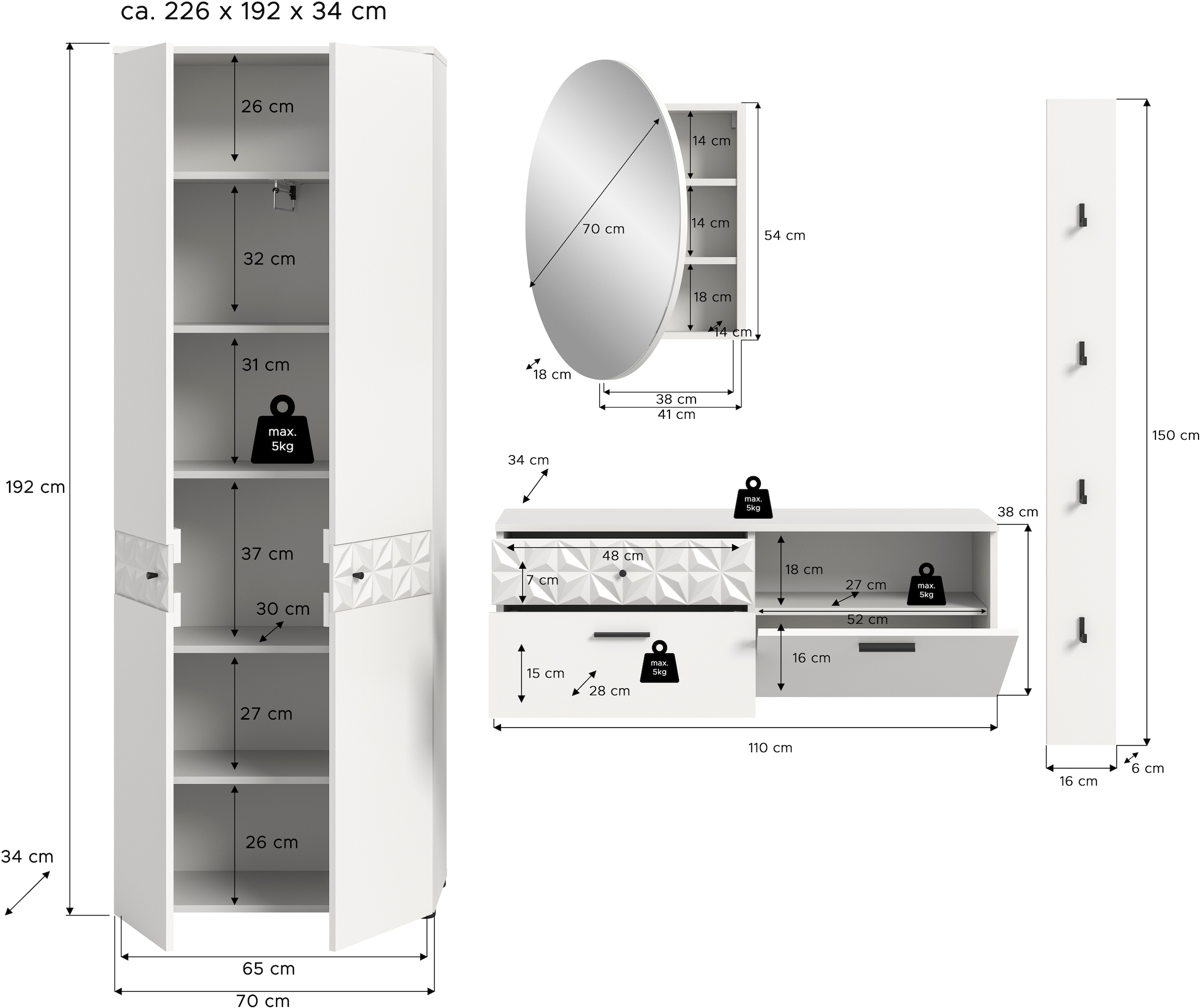 INOSIGN Garderoben-Set »VICENZA, 4-tlg., mit foraler Ornamentabsetzung in der Front«, (4 St.), best. aus.: Garderobenschrank, Schuhschrank, Spiegelschrank & Paneel