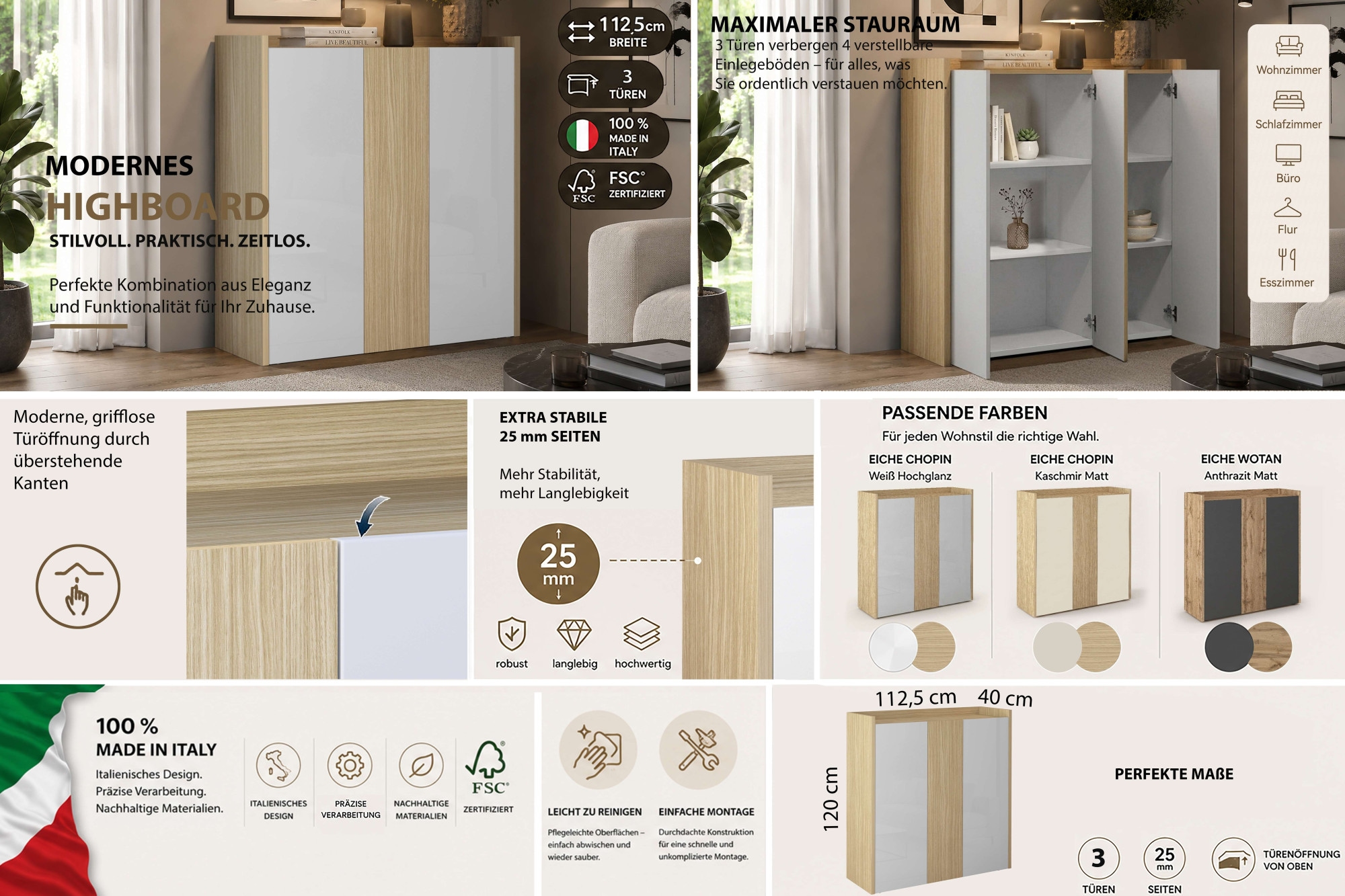 OTTO home Highboard »Highboard ALTEA, Kommode, Schrank, Kredenz« 1 Stk. tlg. Mit 3 Drehtüren, 6 Innenfächern, B.112,5 cm