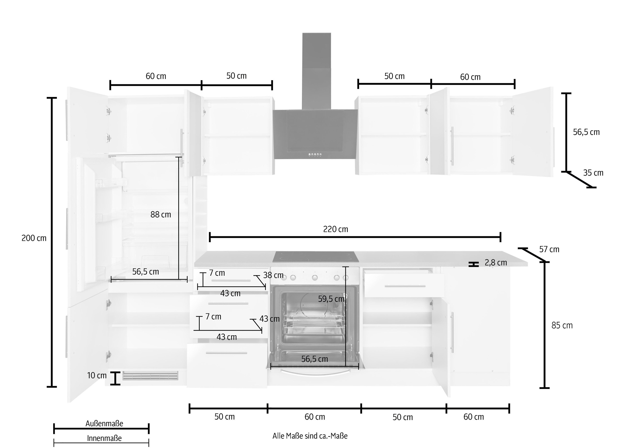 wiho Küchen Winkelküche »Cali«, mit E-Geräten, Stellbreite 280 x 170 cm
