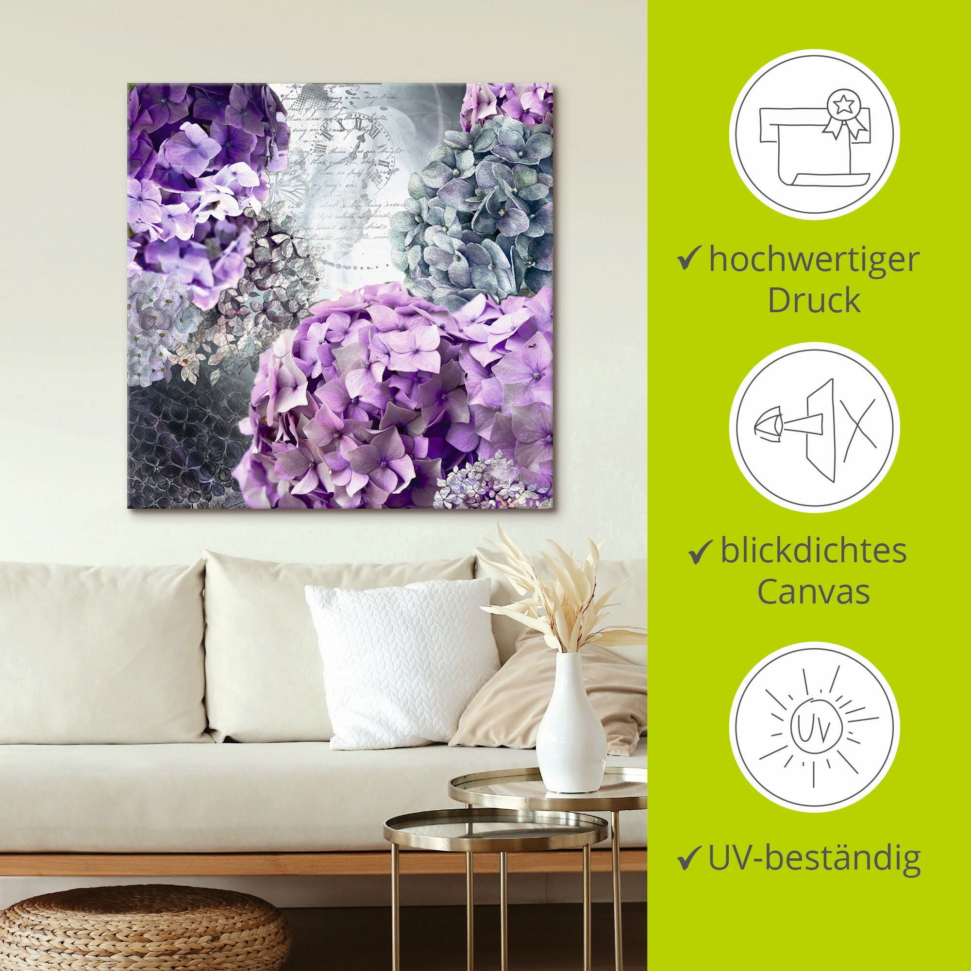 Artland Leinwandbild »Blau und Grau Hortensie« Blumen 1 Stk. tlg. auf Holzrahmen gespannt