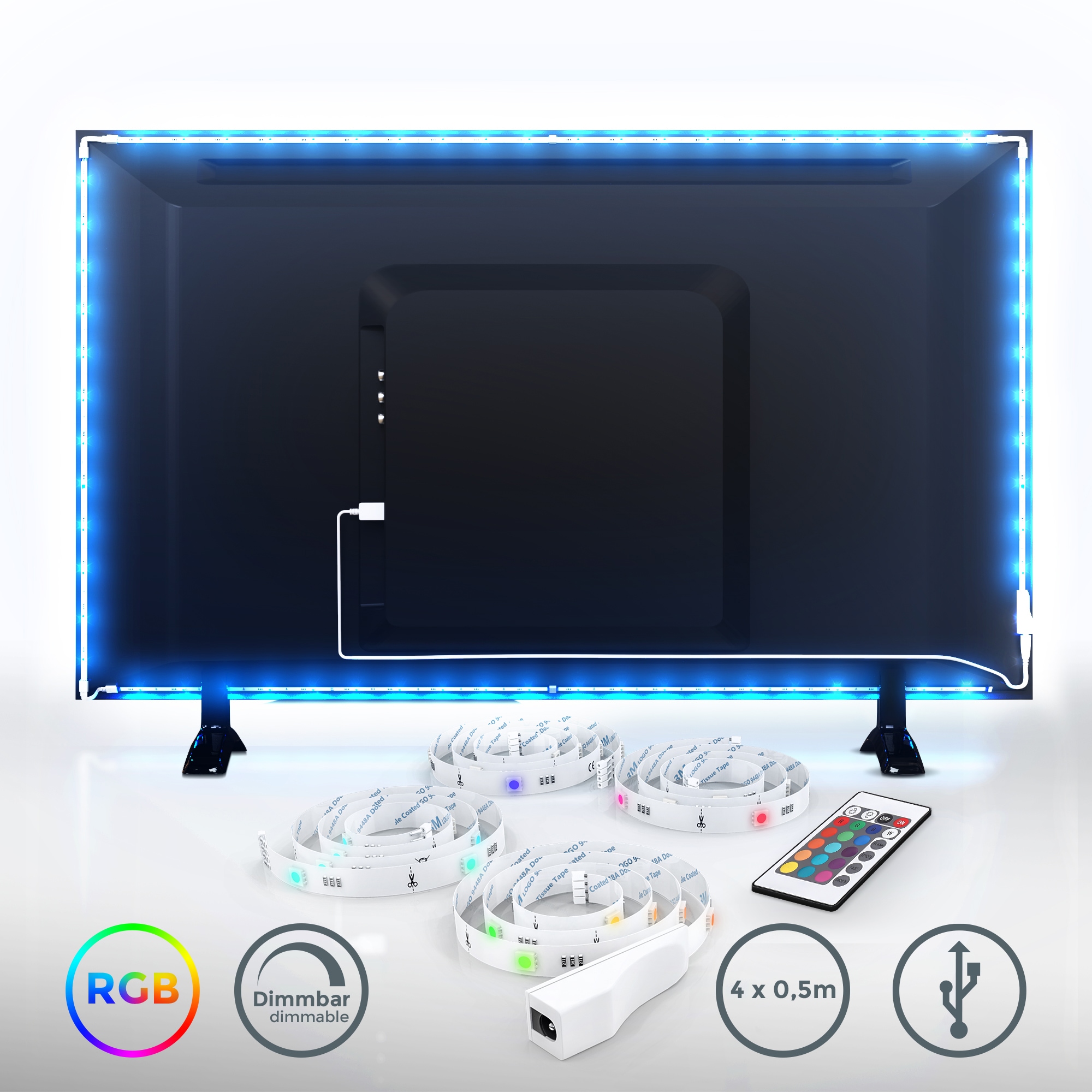 B.K.Licht LED-Streifen, LED TV Hintergrundbeleuchtung Backlight 2m USB RGB selbstklebend