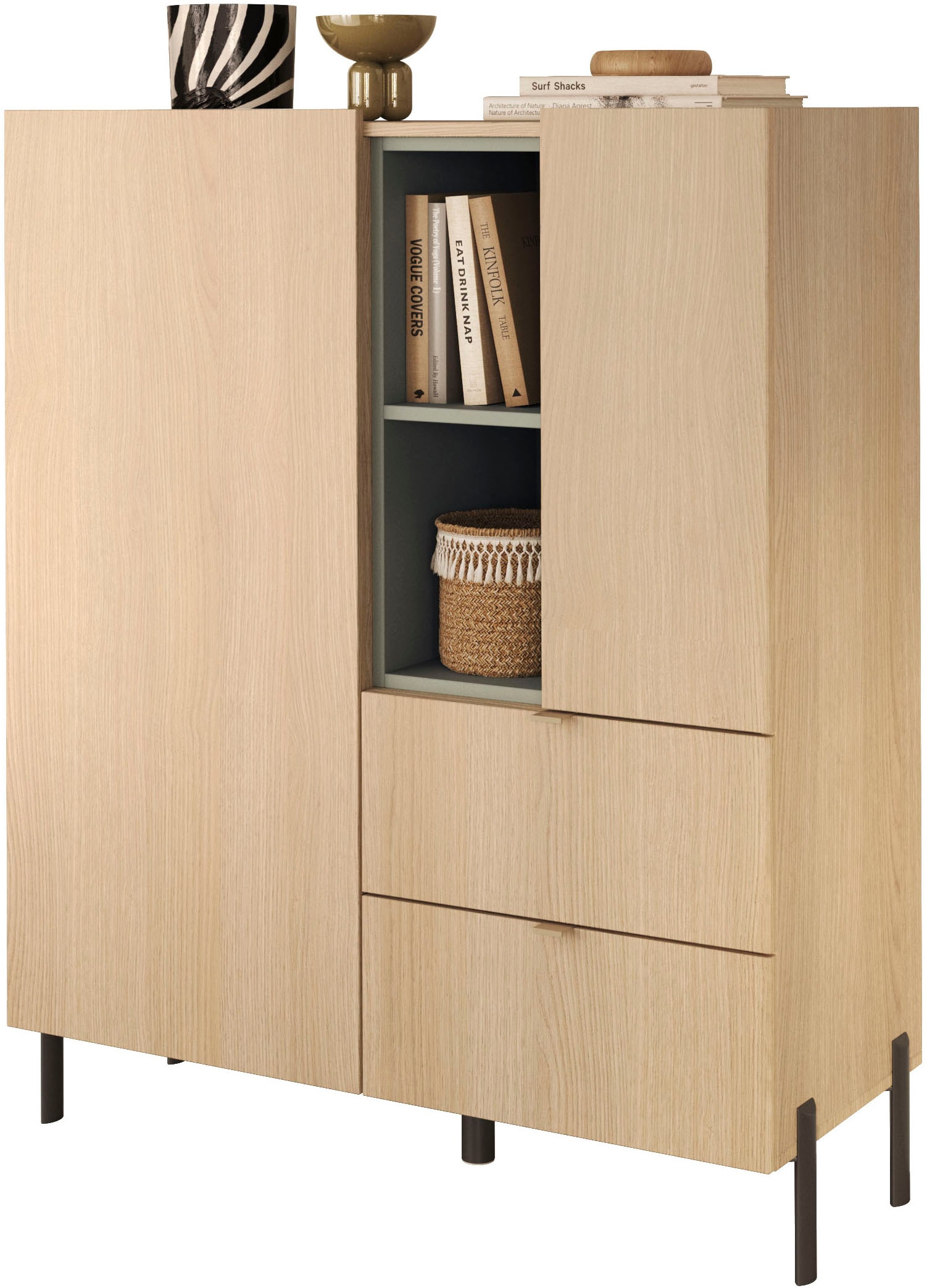 OTTO home Highboard »Badia, B/H 101/124 cm, 2 Türen, 2 Schubkästen, Stauraumschrank« Innenliegendes Top, gerade Metallfüße, salbeigrüne Farbakzente