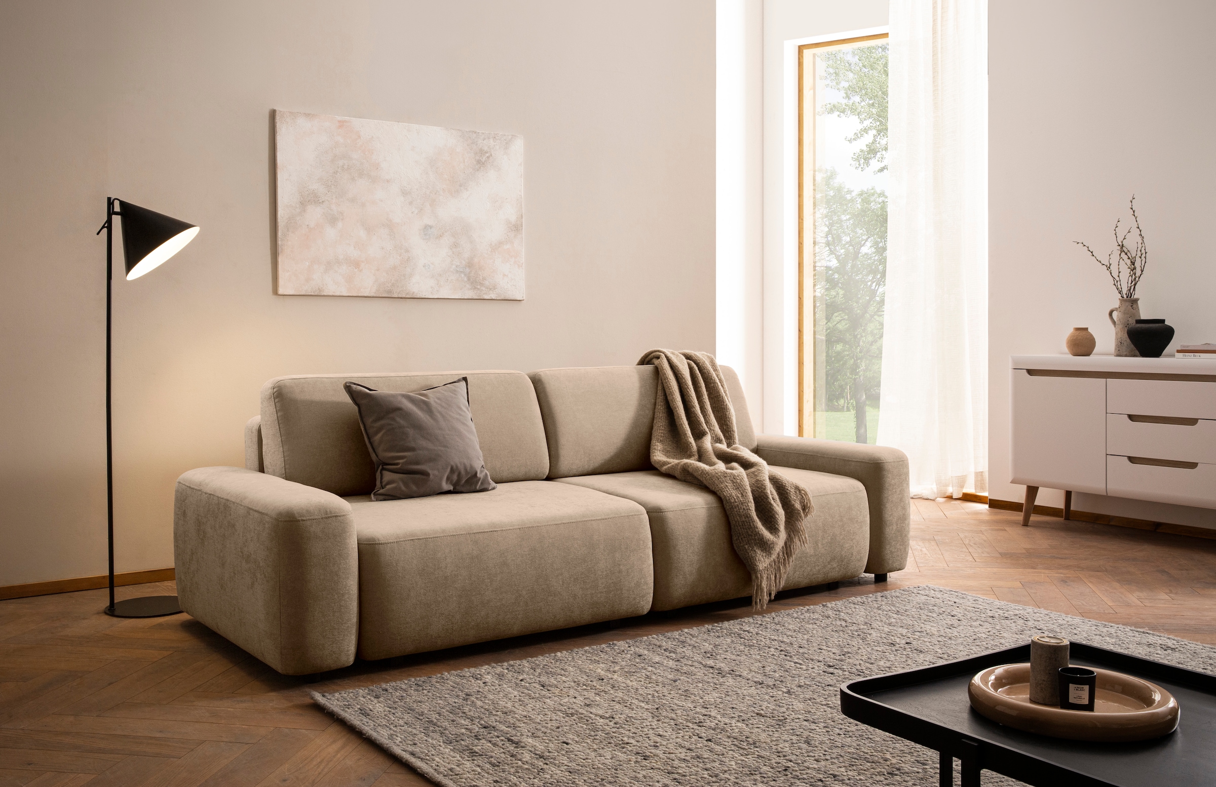 INOSIGN 3-Sitzer »TORGE (257cm), Sofa,Schlafsofa in Cord, Samtvelours, Struktur fein«, rundes Design, Schlaffunktion u. Bettkasten, Liegefläche: 135/200 cm