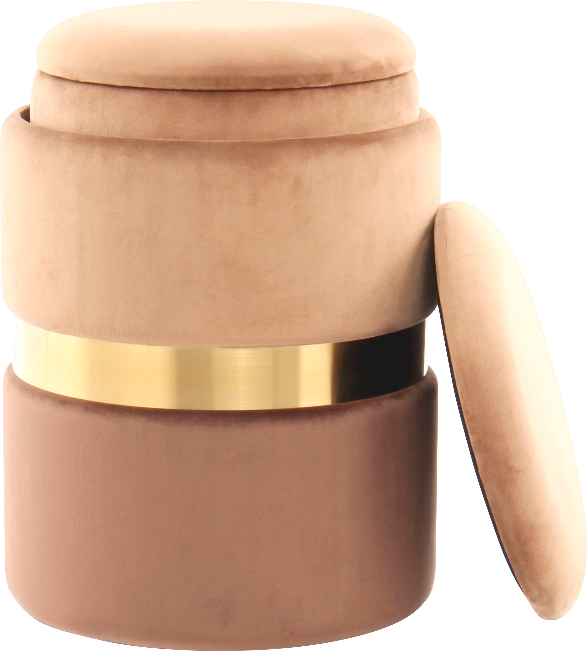 Kayoom Stauraumhocker »Hocker Zora 125 2er-Set, samtweicher Stoffbezug,runde elegante Form«, (Set, 2 St.), edles Design mit Metallring, gepolstert, mit Stauraum