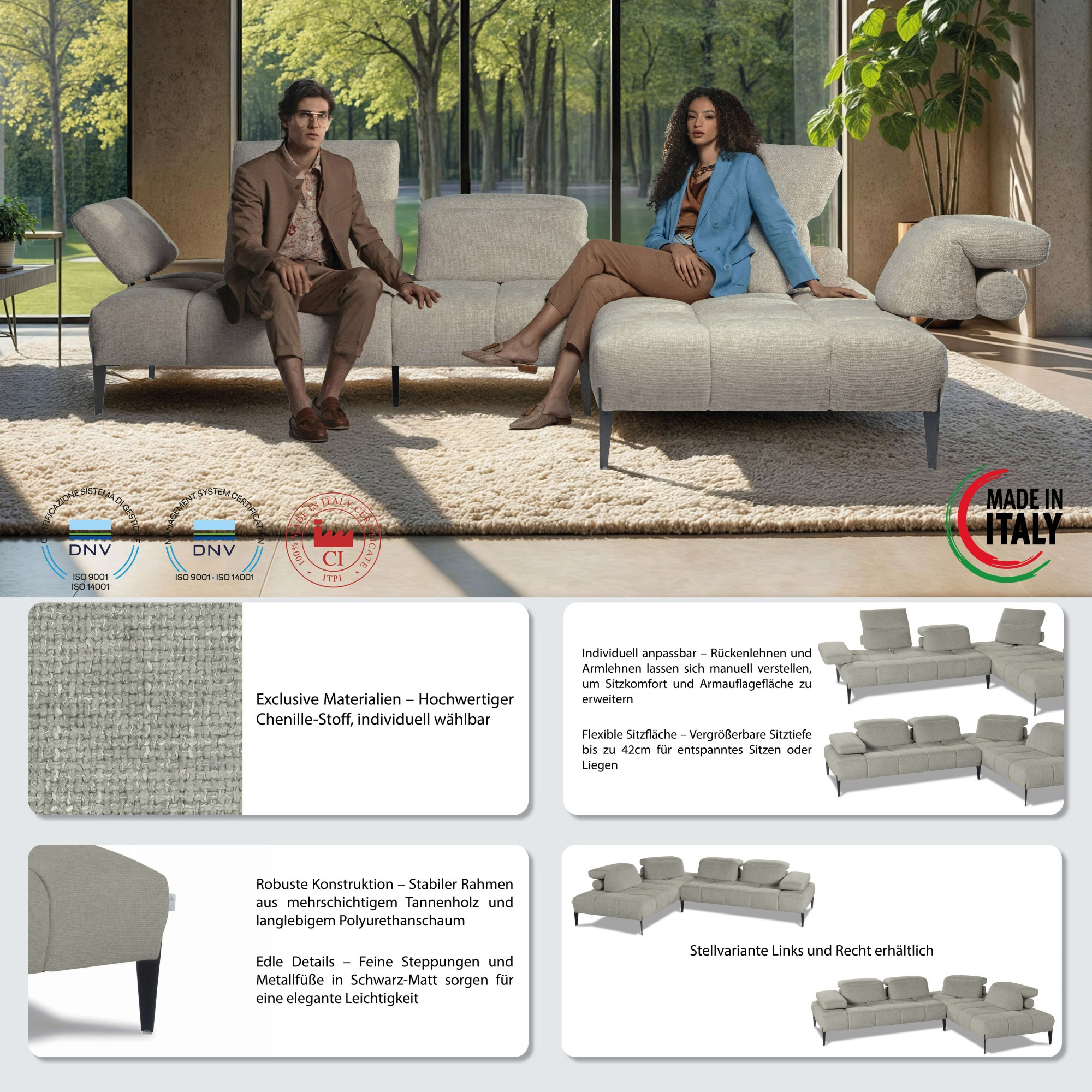 Thumbnail - CALIA ITALIA Ecksofa "Skyline, Made in Italy, Design-Sofa, L-Form, mit Sitztiefenverstellung" verstellbare Armlehne und ...