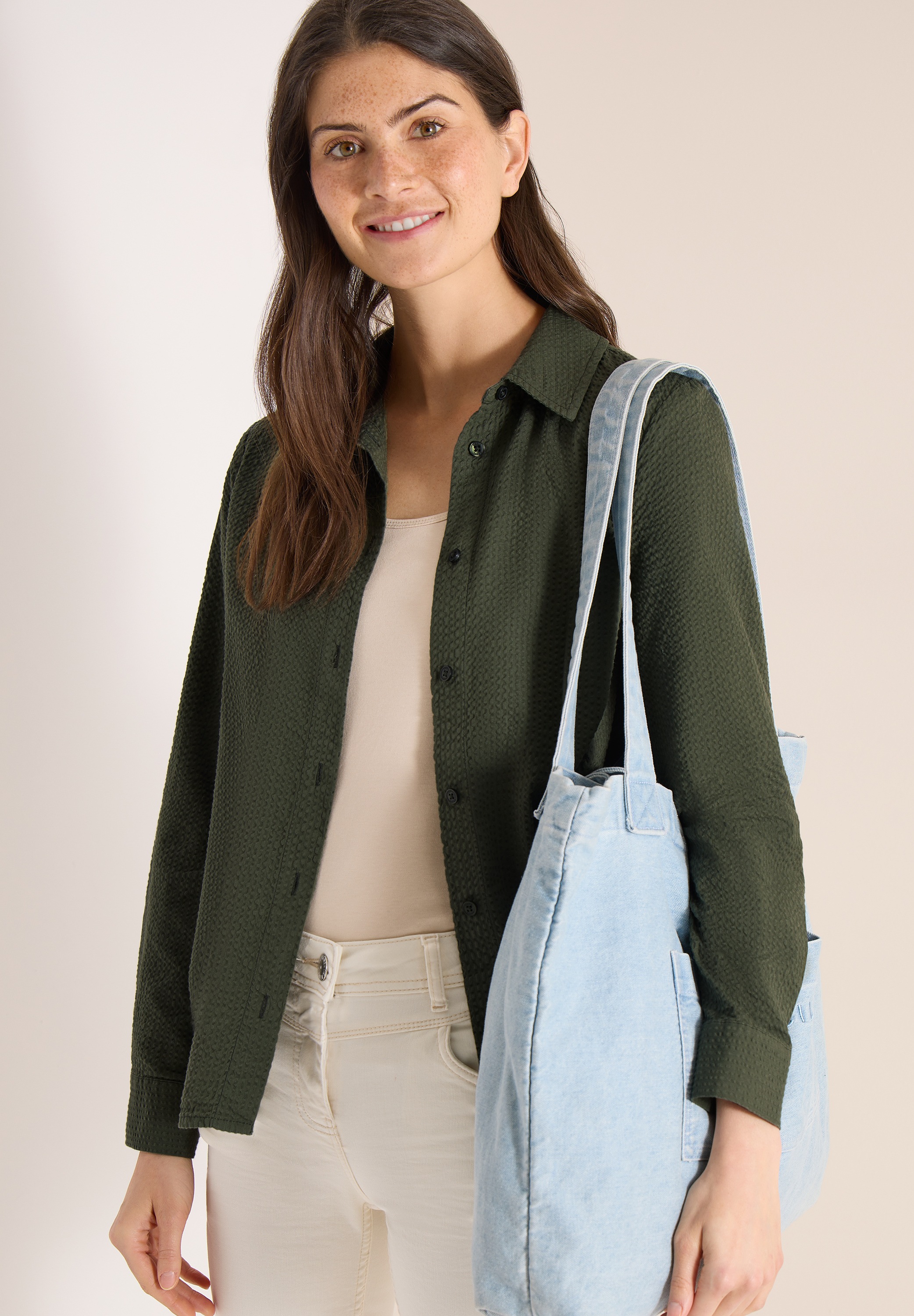 Hemdbluse CECIL, Damen, Gr. XXL (46), khaki, Web, 75% Baumwolle, 25% Modal, unifarben, klassisch normal, Bündchen, Blusen Hemdbluse, in Blusen-Optik