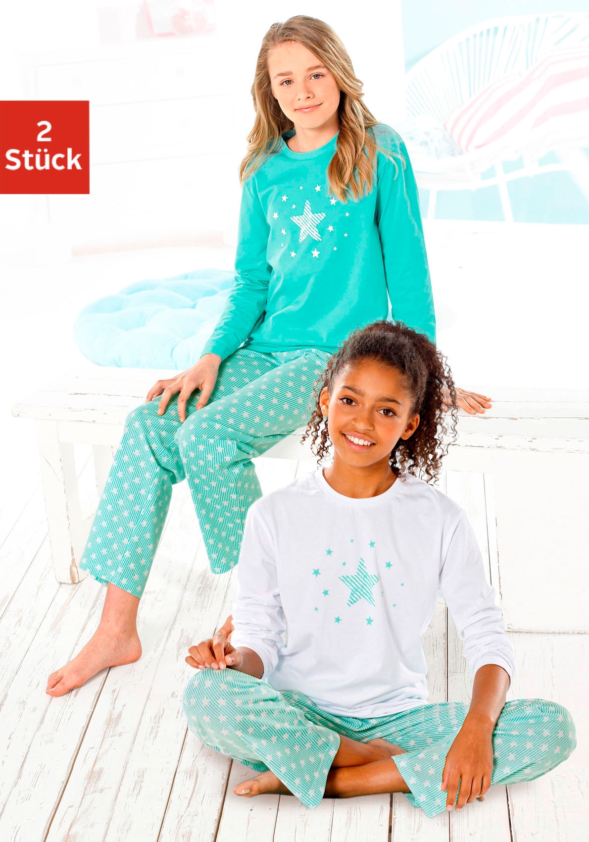 petite fleur Pyjama, (Set, 4 tlg., 2 Stück), in langer Form mit Sternen Print