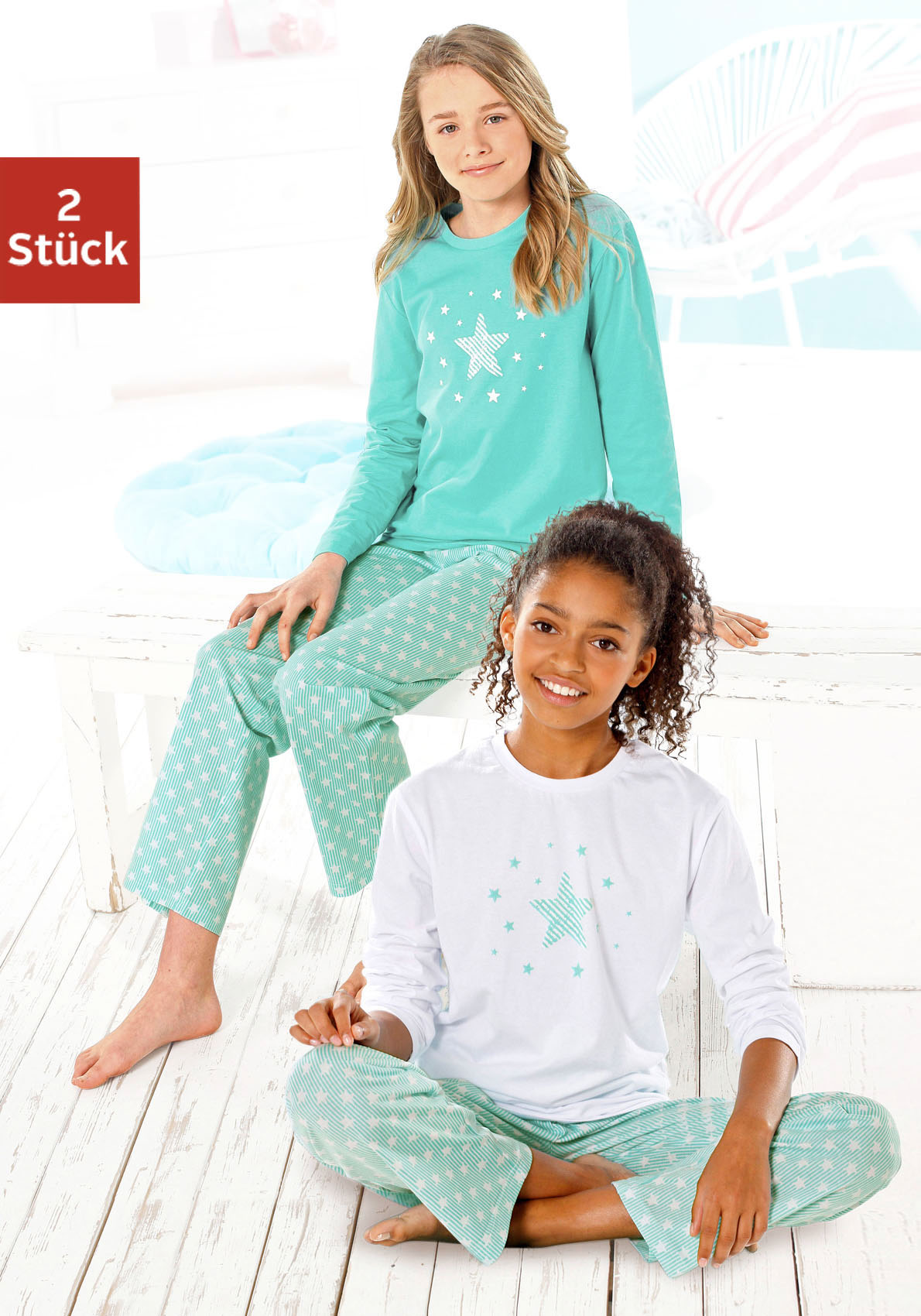 petite fleur by Lascana Pyjama 4 tlg. langer Schlafanzug mit Sternendruck, aus Baumwolle
