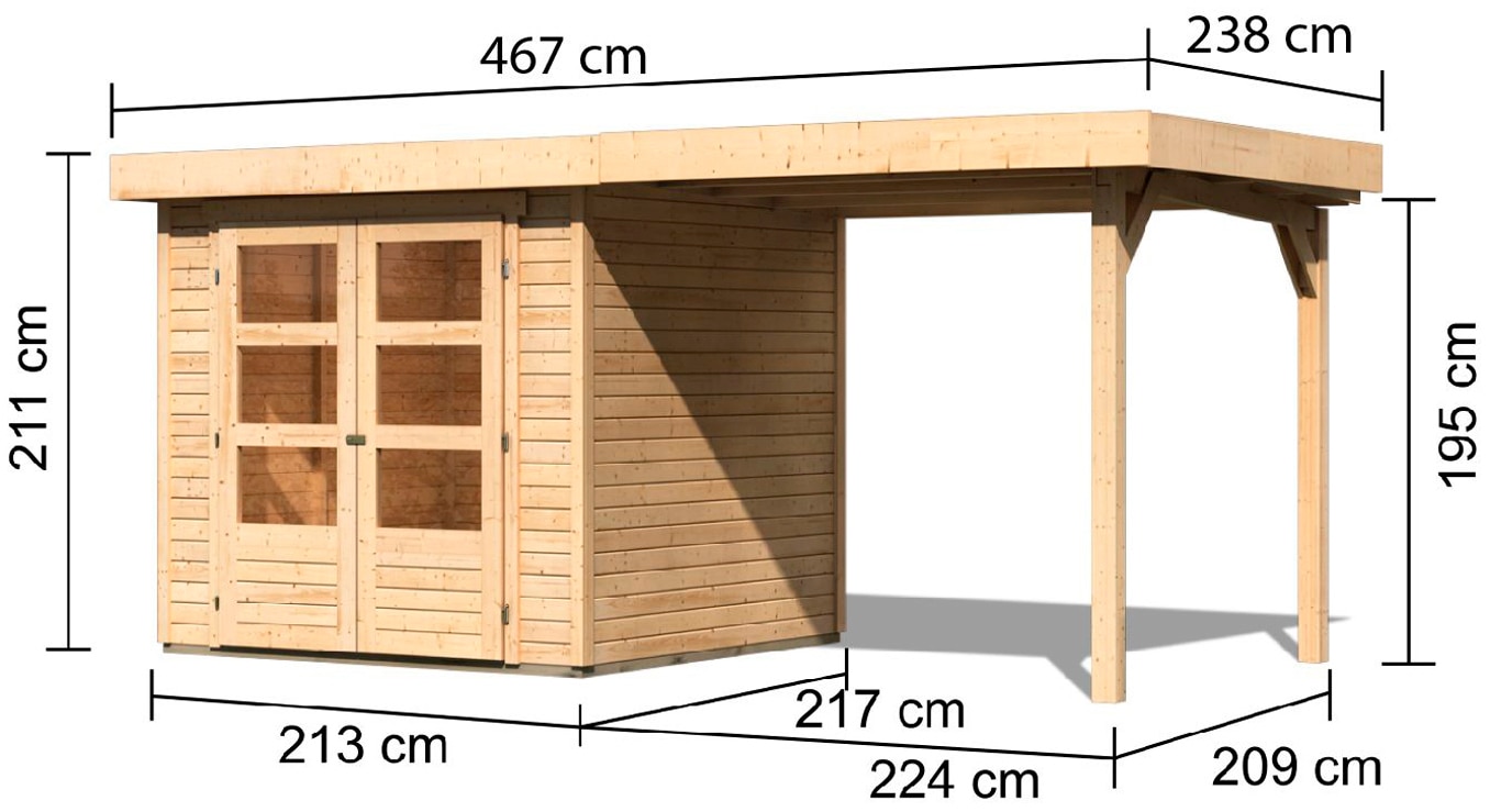 Karibu Gartenhaus »Arnis«, (Set), mit Anbaudach 2,40 m Breite