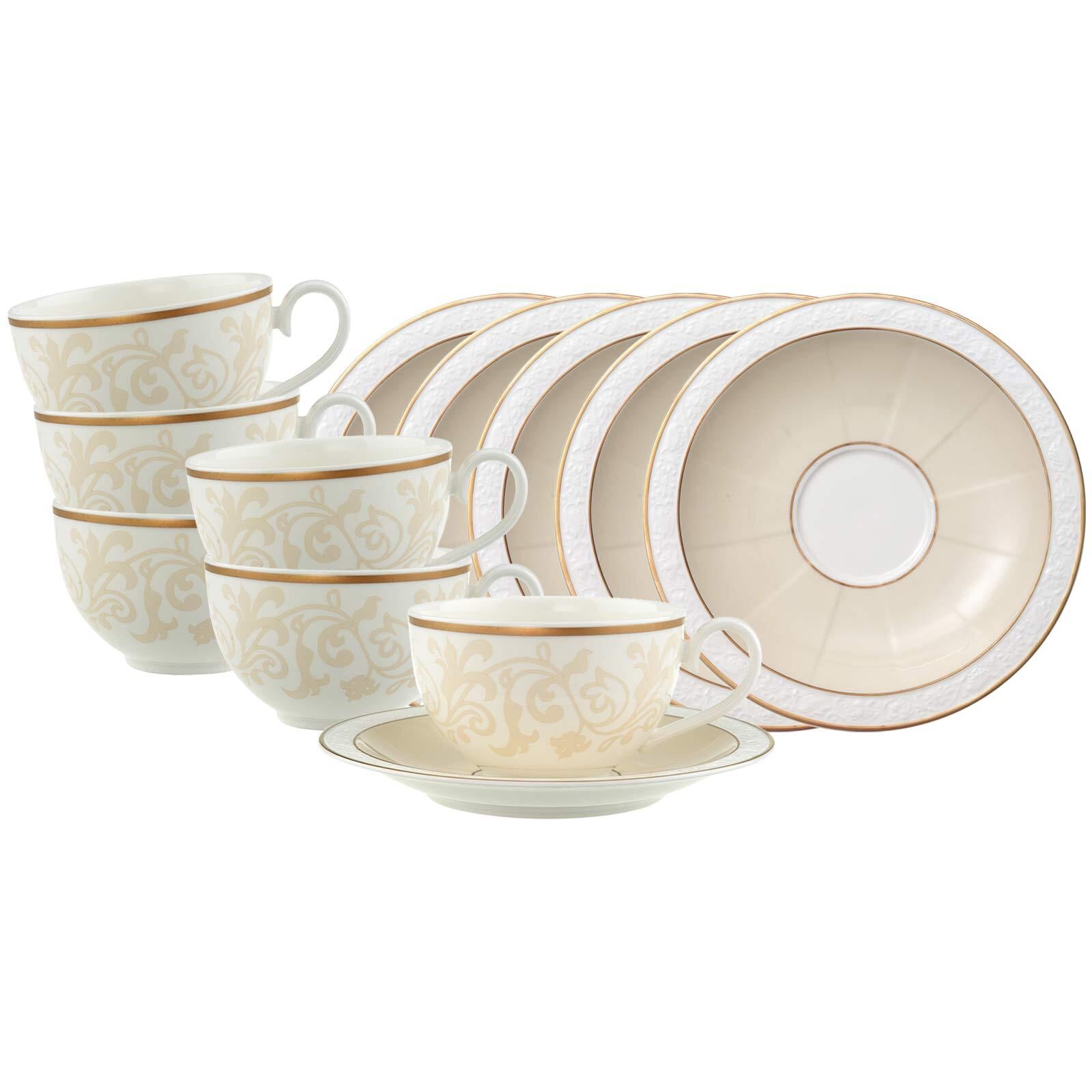 Villeroy & Boch Tasse "Frühstückstassen mit Untertassen Ivoire 310 ml 6er Set weiß-gold" Spülmaschinenfest