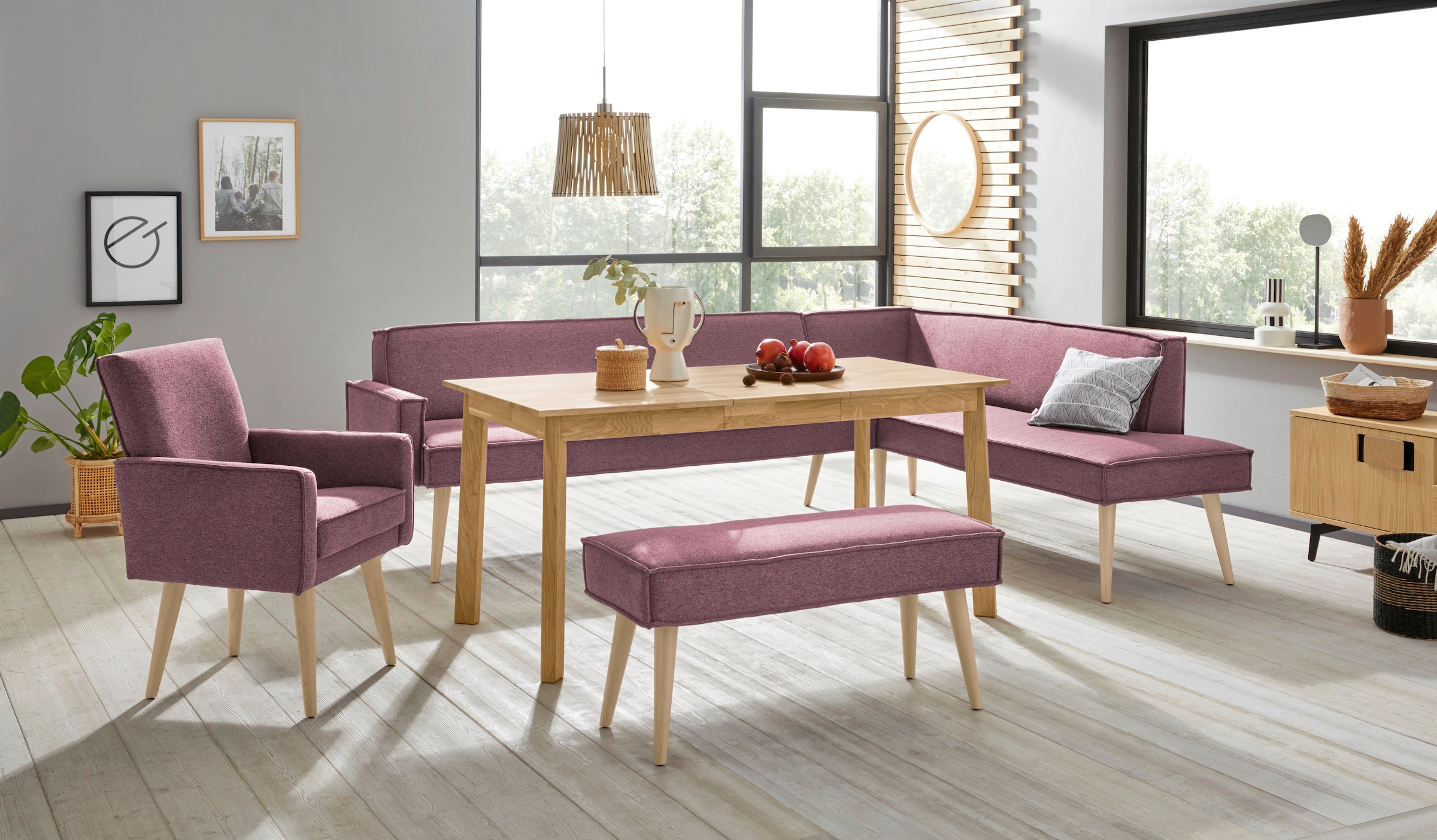 exxpo - sofa fashion Eckbank »Lungo, moderne Kedernaht, bequem und elegant, hoher Holzfuß«, hochwertige Detailverarbeitung, frei im Raum stellbar