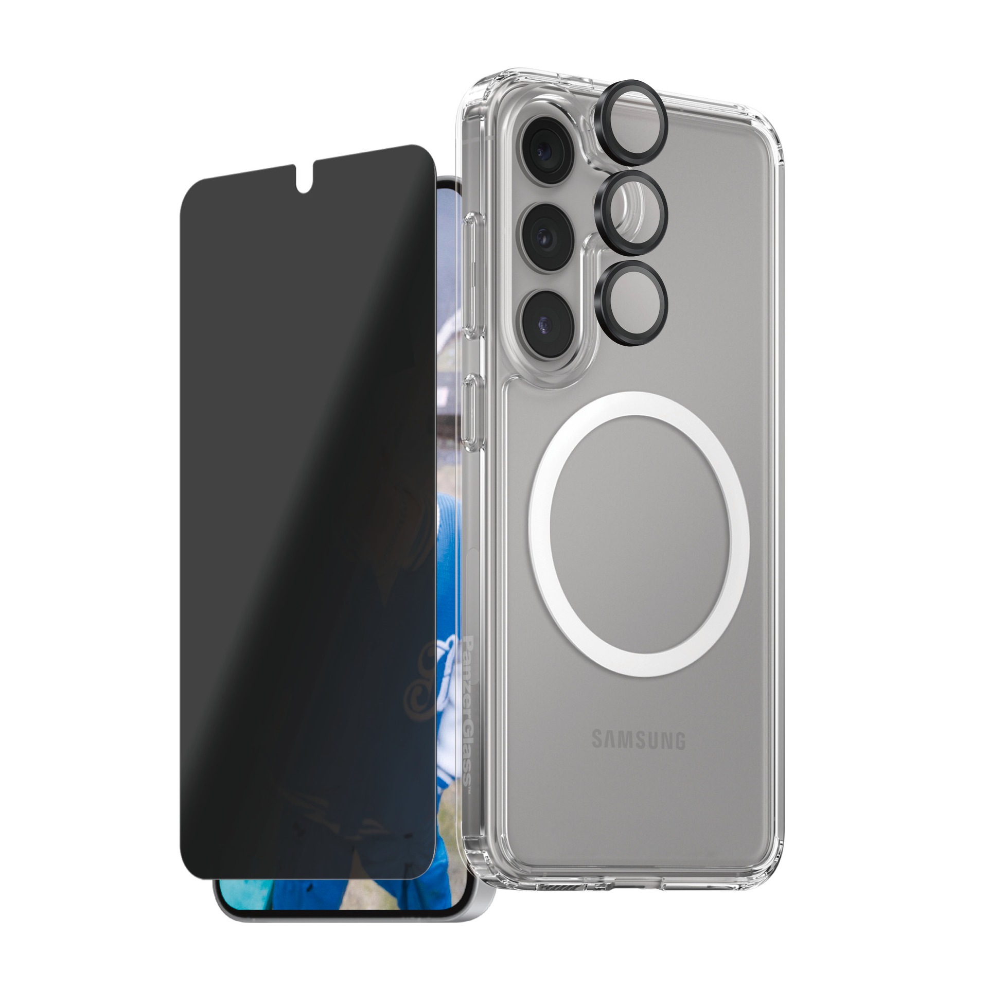 CARE by PanzerGlass Displayschutzglas »3-in-1 Privacy Protection Set«, für Samsung Galaxy S25+, Blickschutz, Schutzfolie, Bildschirmschutz, kratz- & stoßfest