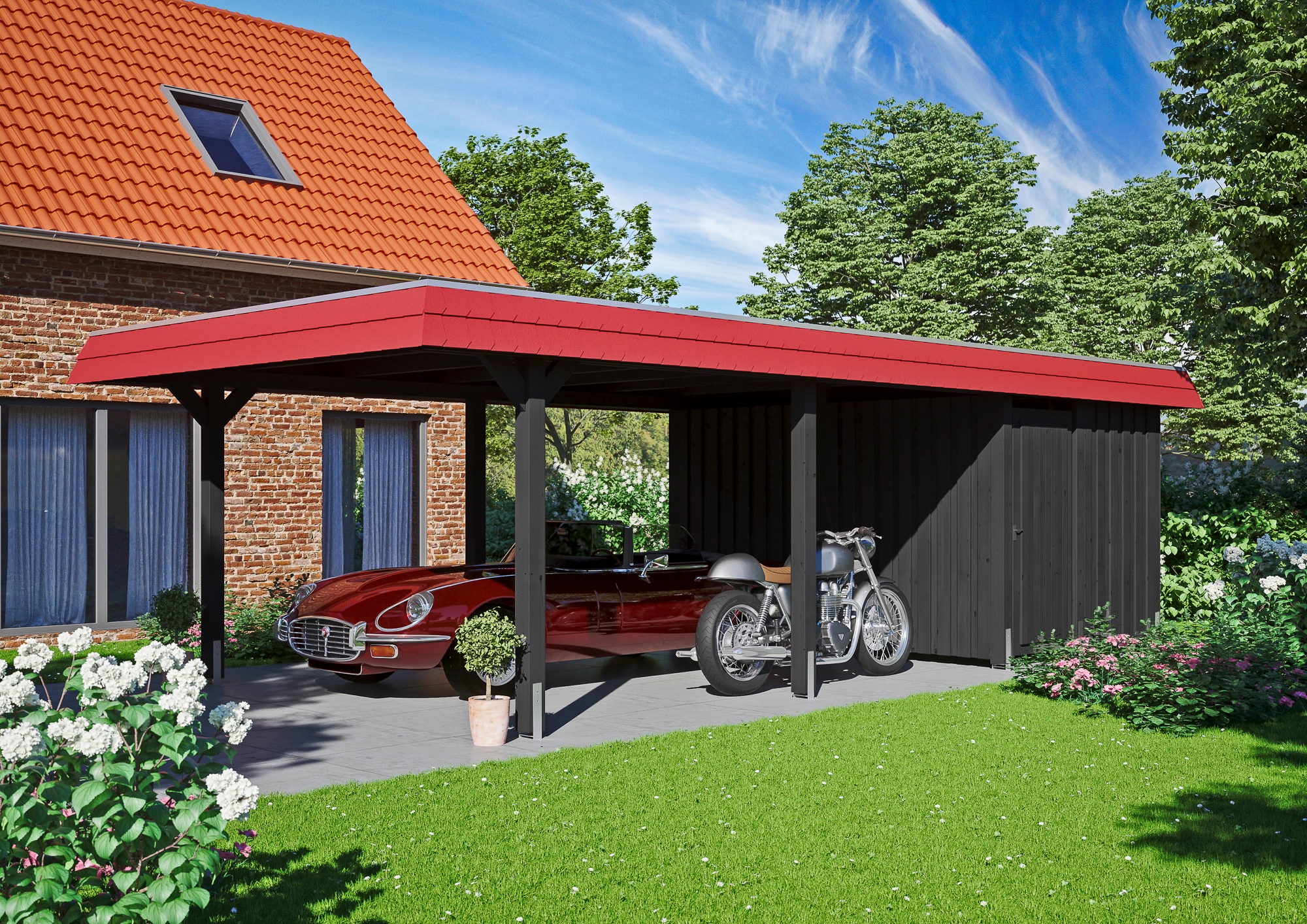 Skanholz Einzelcarport »Wendland«, Holz, 341 cm, Anthrazit, rote Blende