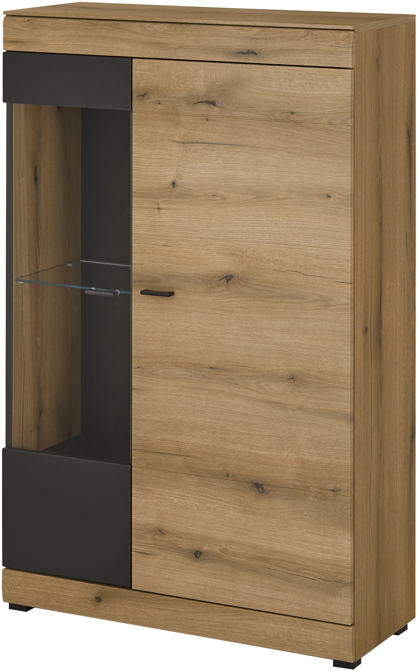 Home affaire Vitrine "Soleto, Vitrinenschrank in Evoke Eiche, moderne Glasvitrine" ausreichend Stauraum, schwarze Griffe aus Metall, zeitlos