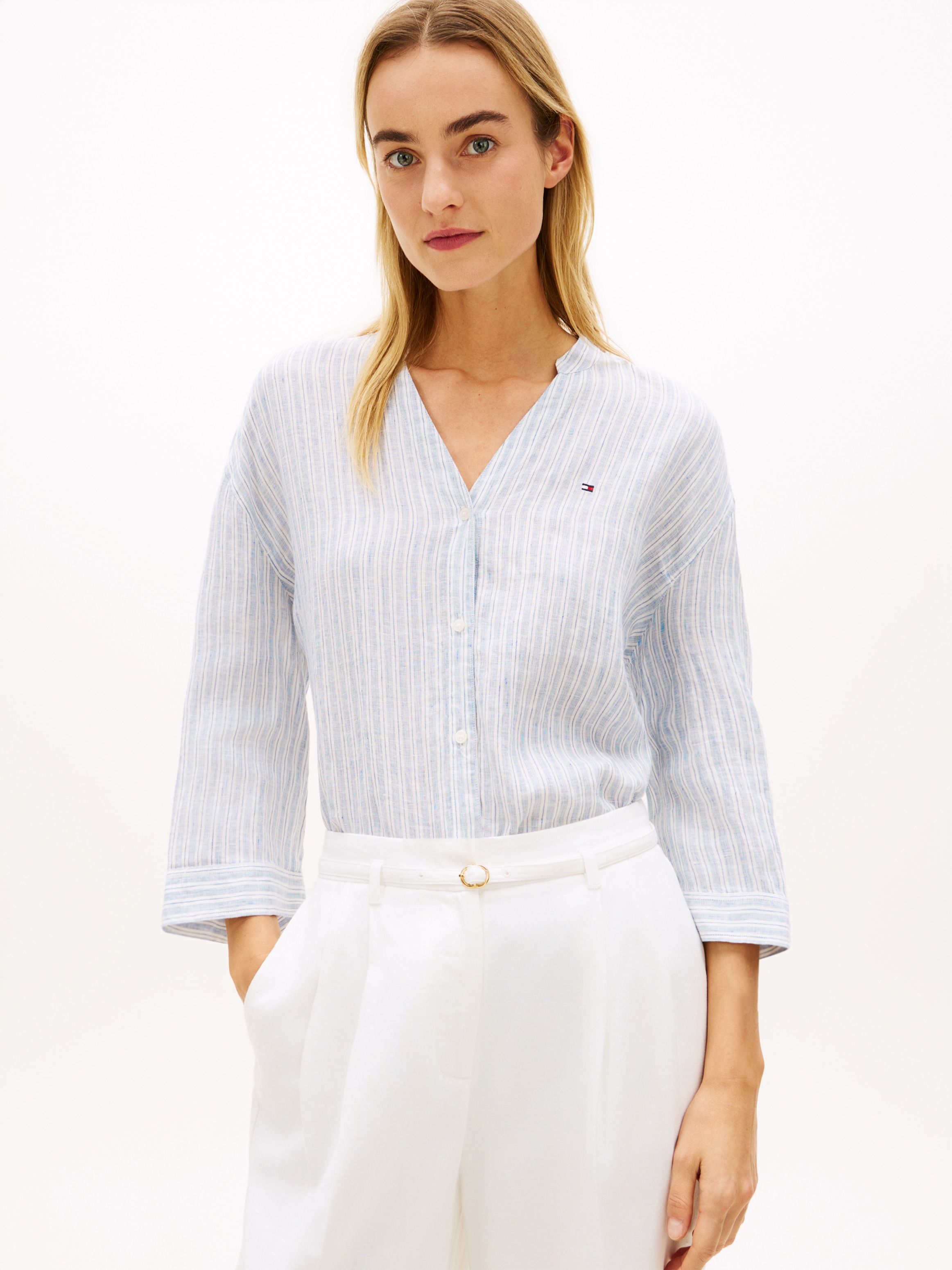Tommy Hilfiger Shirtbluse "ESS LINEN COLLARLESS SHIRT" mit Logo-Stickerei günstig online kaufen