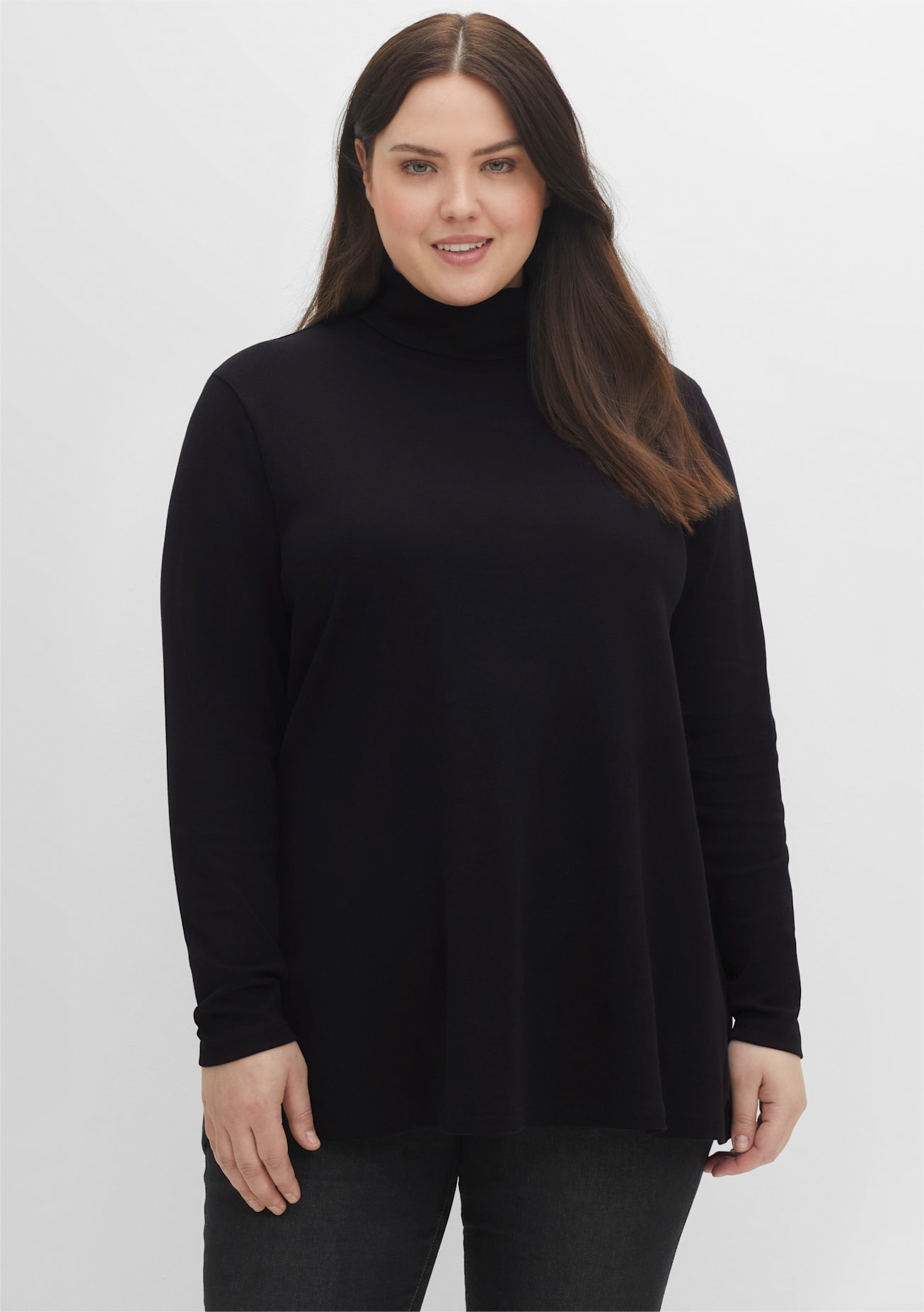 SHEEGO Damen Langarmshirt "Rollkragen-Shirt", schwarz, Gr. 52, unifarben, 100% Baumwolle, Shirts
