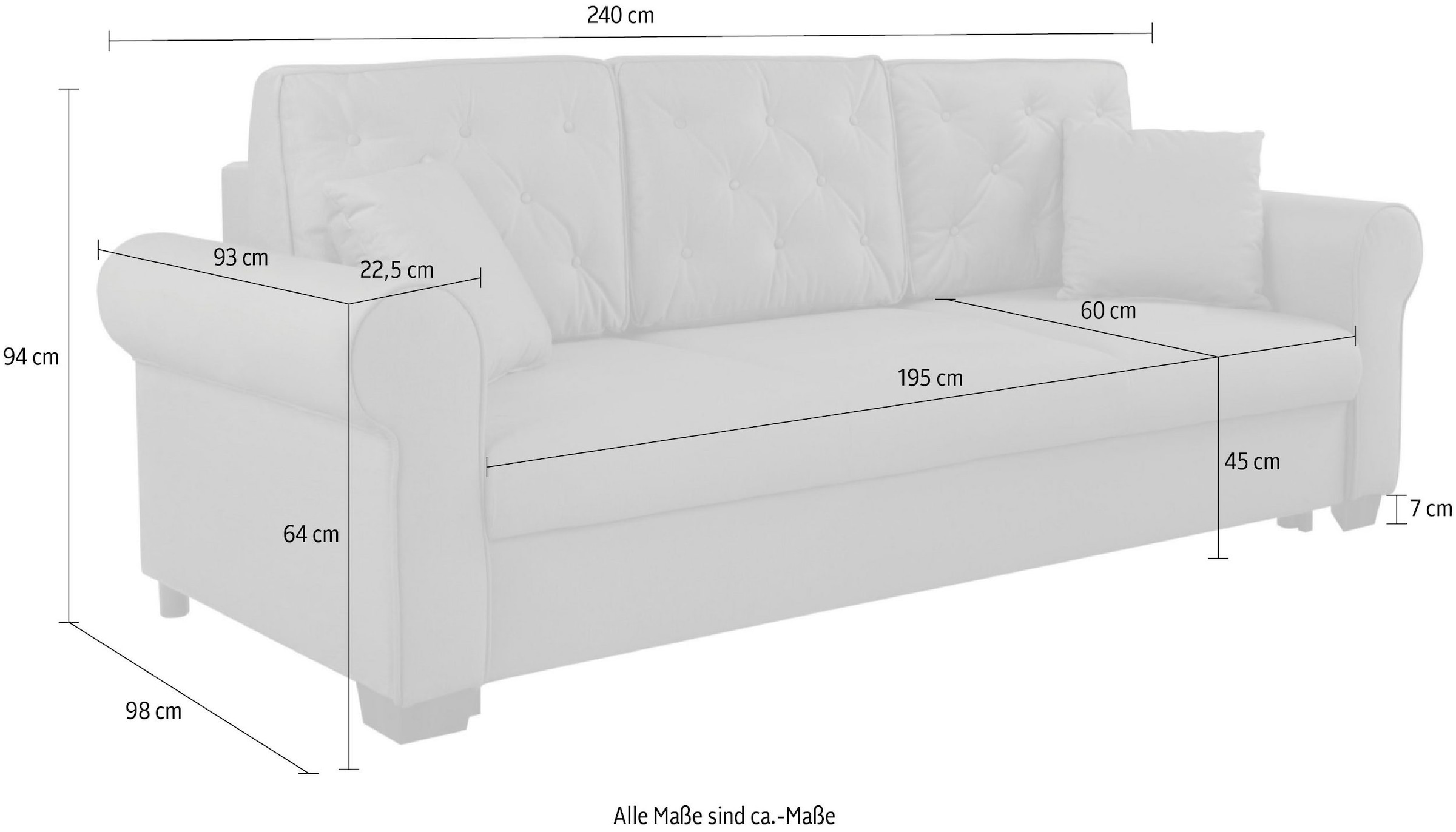 Home affaire 3-Sitzer »MORVILLE B/T/H: 240/90/94 cm, Liegefläche 195/141 cm«, Federkern-Polsterung, incl. Zierkissen, Incl. Bettkasten, Schlafsofa