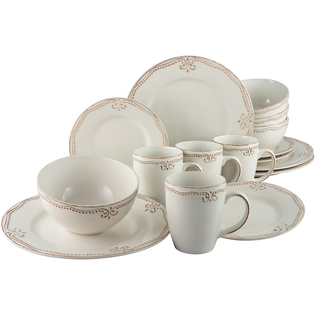 CreaTable Kombiservice »Geschirr-Set, Service Romantic Vintage«, (Set, 16  tlg., Kaffeeservice und Tafelservice im Set, für 4 Personen), mit  tranditionellem Perlenrelief, Used Look, 16 Teile, für 4 Personen | BAUR