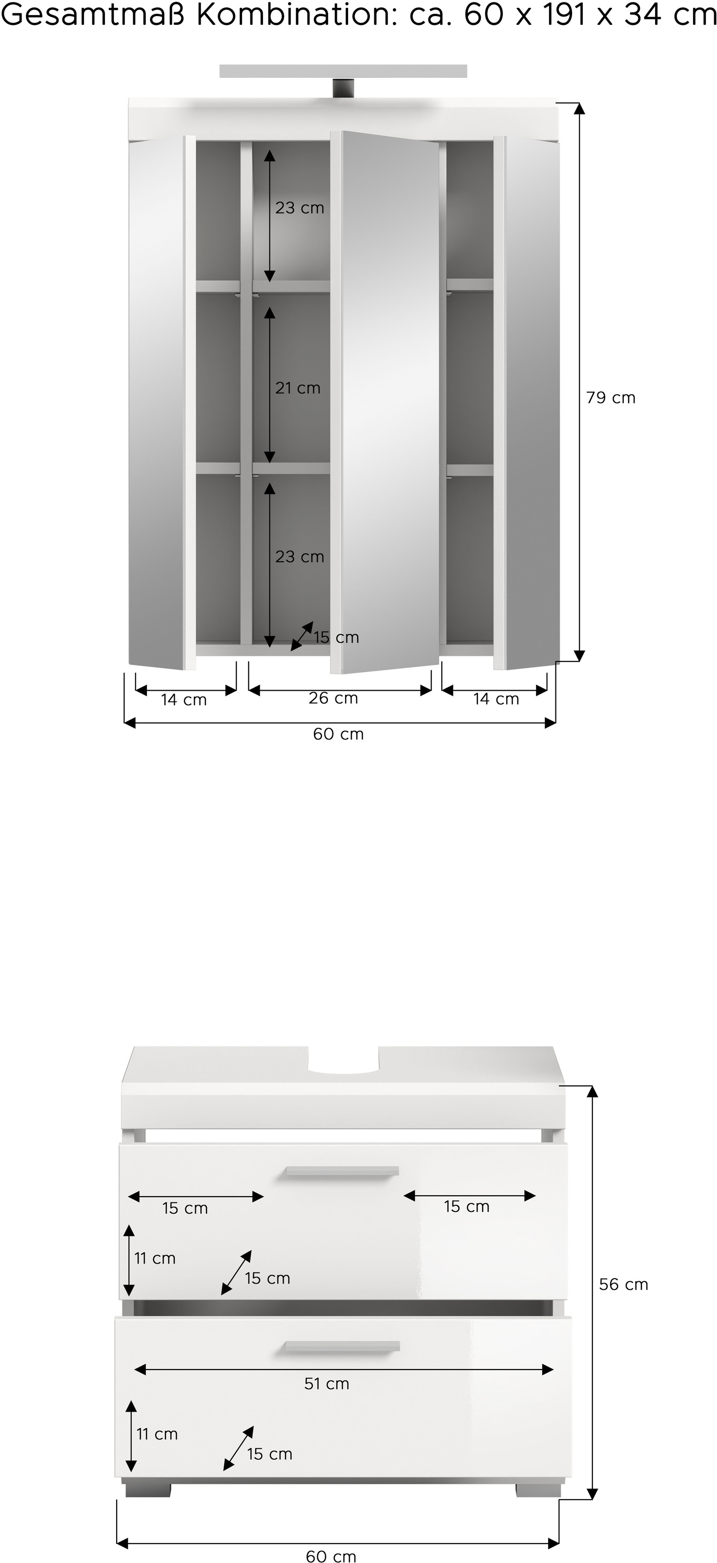 INOSIGN Badmöbel-Set »Siena, 2 teilig, inklusive LED Beleuchtung, bestehend aus:«, (Set), Waschbeckenunterschrank, Spiegelschrank, LED Badaufsatzleuchte