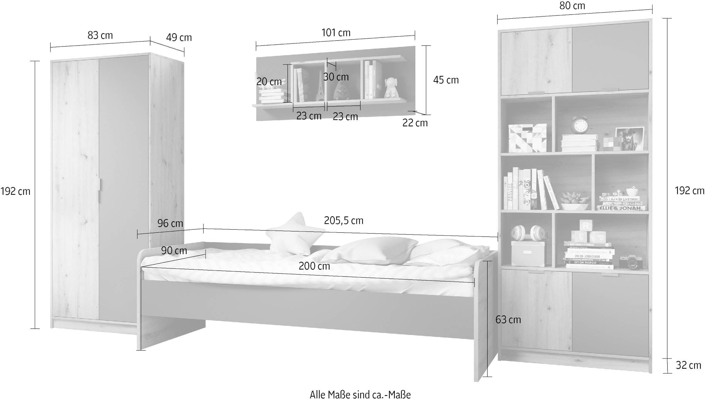 Begabino Jugendzimmer-Set »Karla Kleiderschrank, Bett, Hängeregal, Standregal«, (Set, 4 tlg.), wahlw. mit Schreibtisch, statt Bett bestellbar, Artikelnr. 37354348