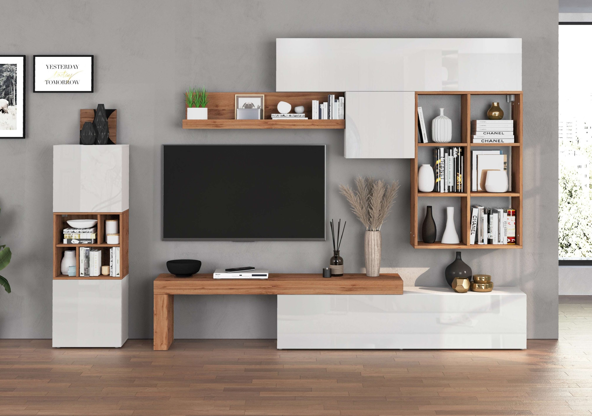 INOSIGN Wohnwand »Chronos Wohnwand, Medienwand, 8-er set«, (Set, 8 St.), ca. 320 cm mit Hängeschränke, Würfel, Regal, Lowboard, Made in Italy