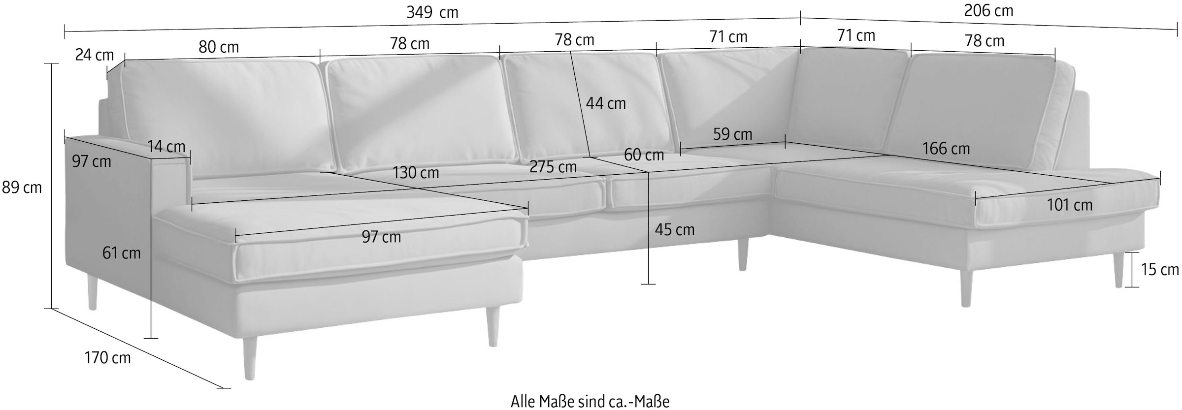 Home affaire Wohnlandschaft »Pinto Skandi, 350 cm, U-Form, XXL, mit Ottomanen« mit Keder, Massivholzfüße Eiche geräuchert, Wellenunterfederung