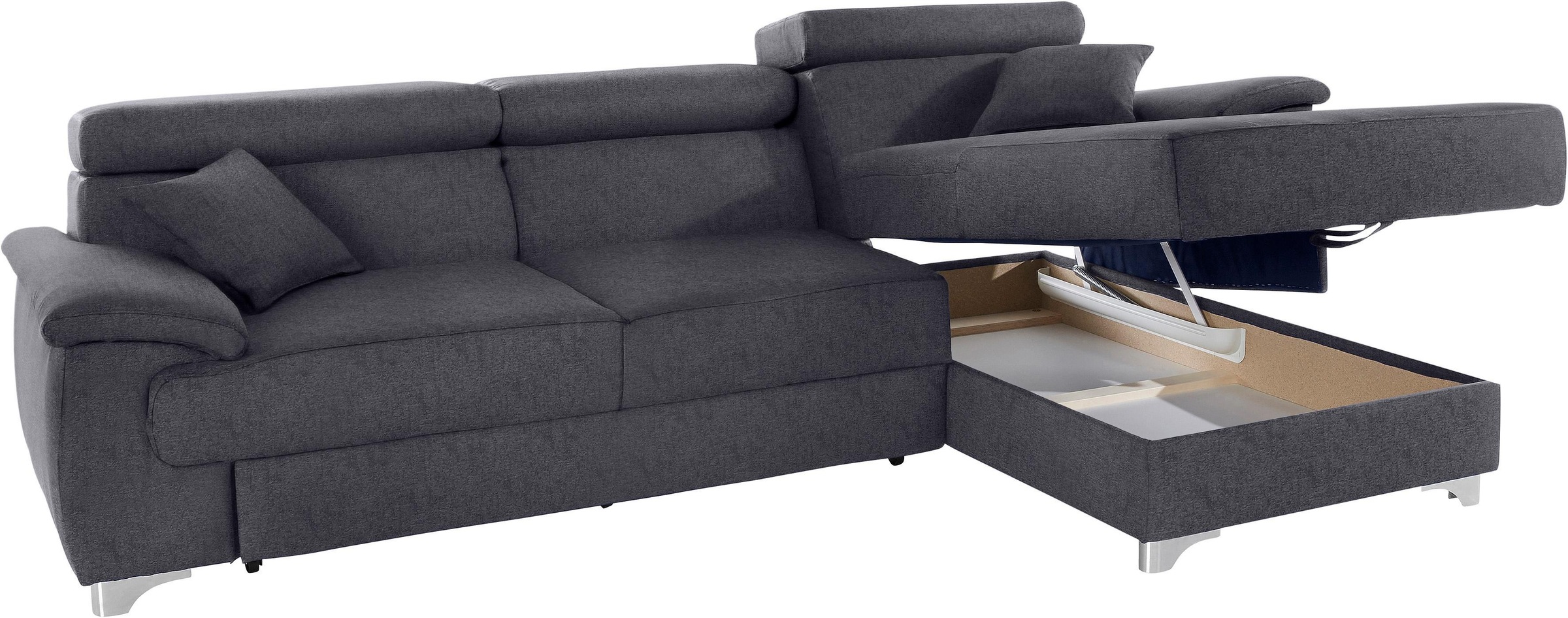 Ecksofa DOMO COLLECTION "Mira, inklusive Kopfteilverstellung für mehr Wohlfühlkomfort, L-Form", grau (dunkelgrau), B:271cm H:78cm T:167cm, Zierkissen: Entsprechend jeweiligem Bezug.;Struktur (100% Polyester);Struktur fein (100% Polyester);Luxus-Microfaser 9