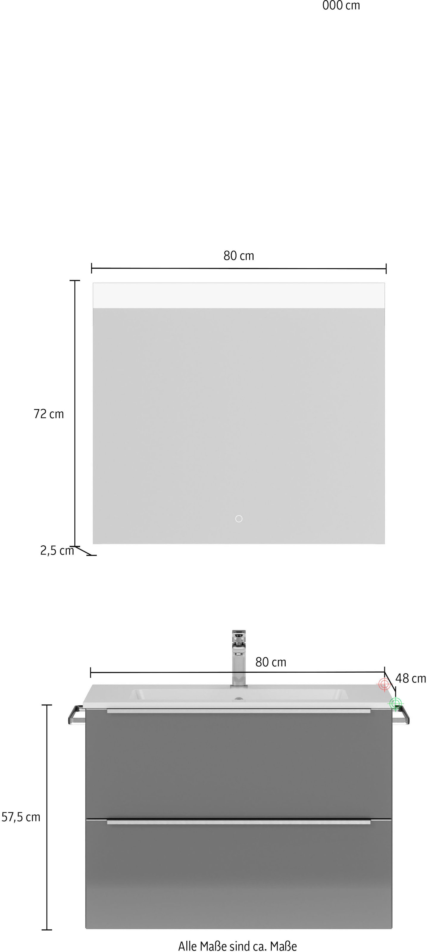 nobilia® Badmöbel-Set »Levere«, (2 St., vormontiert, mit Soft-Close), Hochglanz, inkl. Spiegel mit Touch-Sensor, in vier Breiten