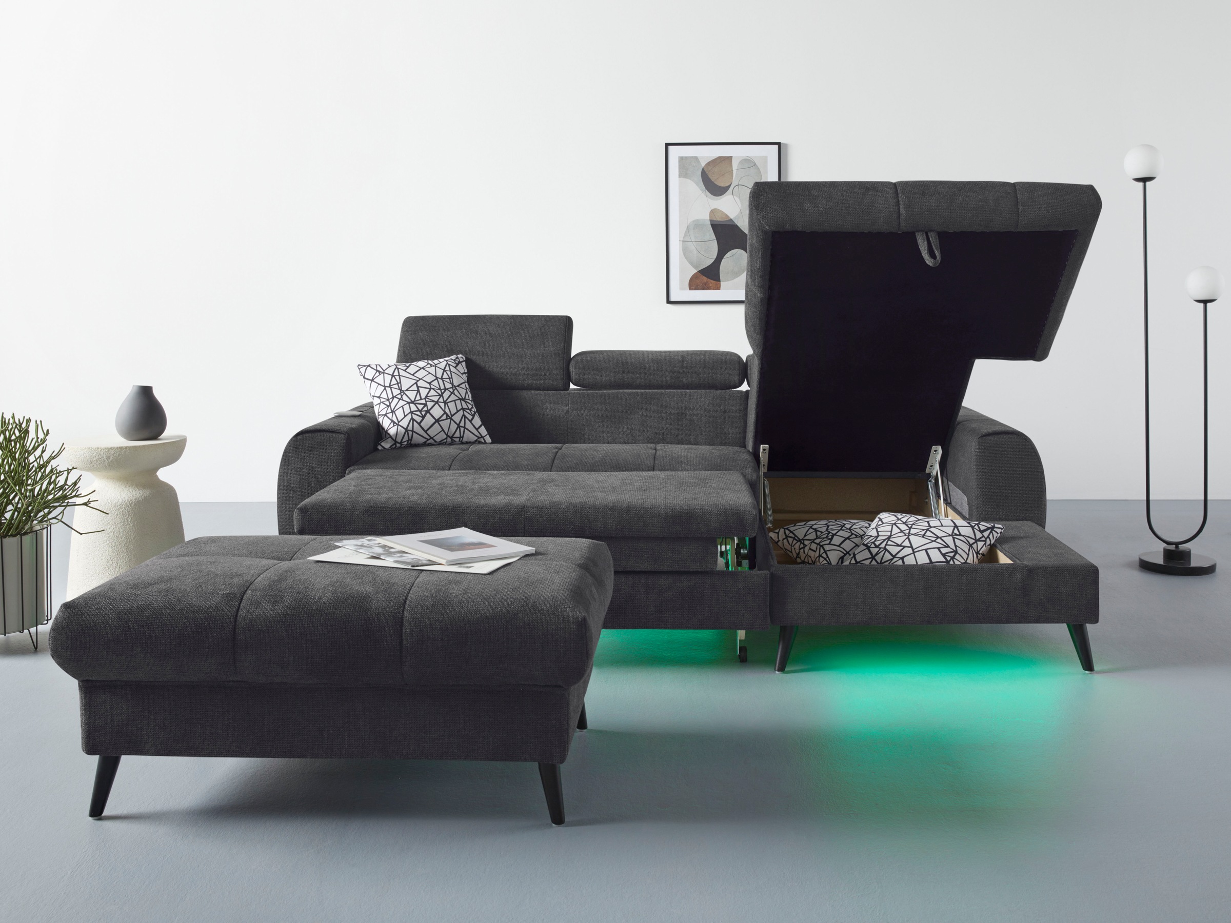 COTTA Ecksofa »Mia L-Form mit 3 Zierkissen«, wahlweise mit Bettfunktion, Bettkasten, Beleuchtung & Wireless-Charger