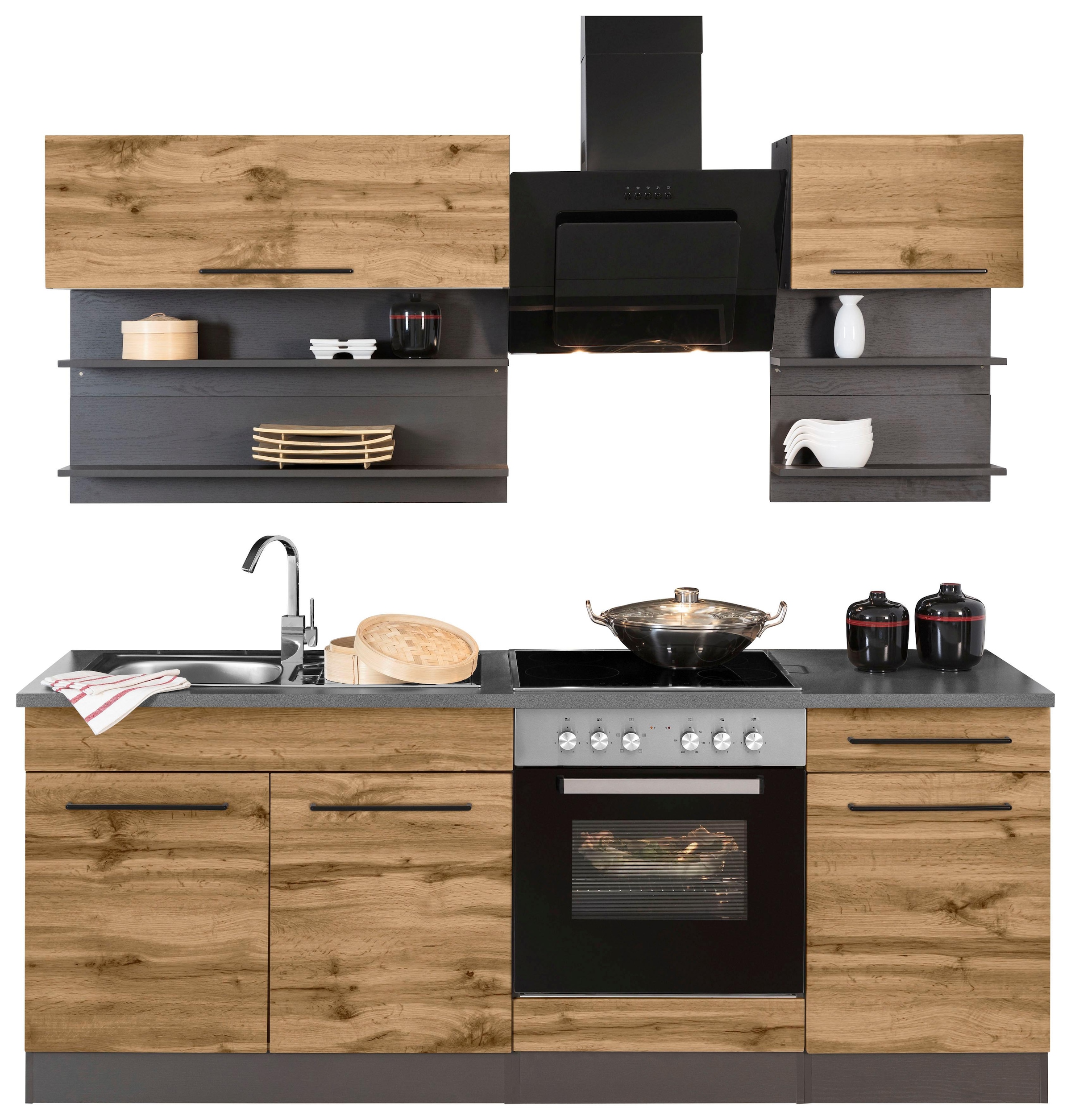 KOCHSTATION Küchenzeile »KS-Tulsa«, mit E-Geräten, Breite 210 cm, schwarze Metallgriffe, MDF Fronten