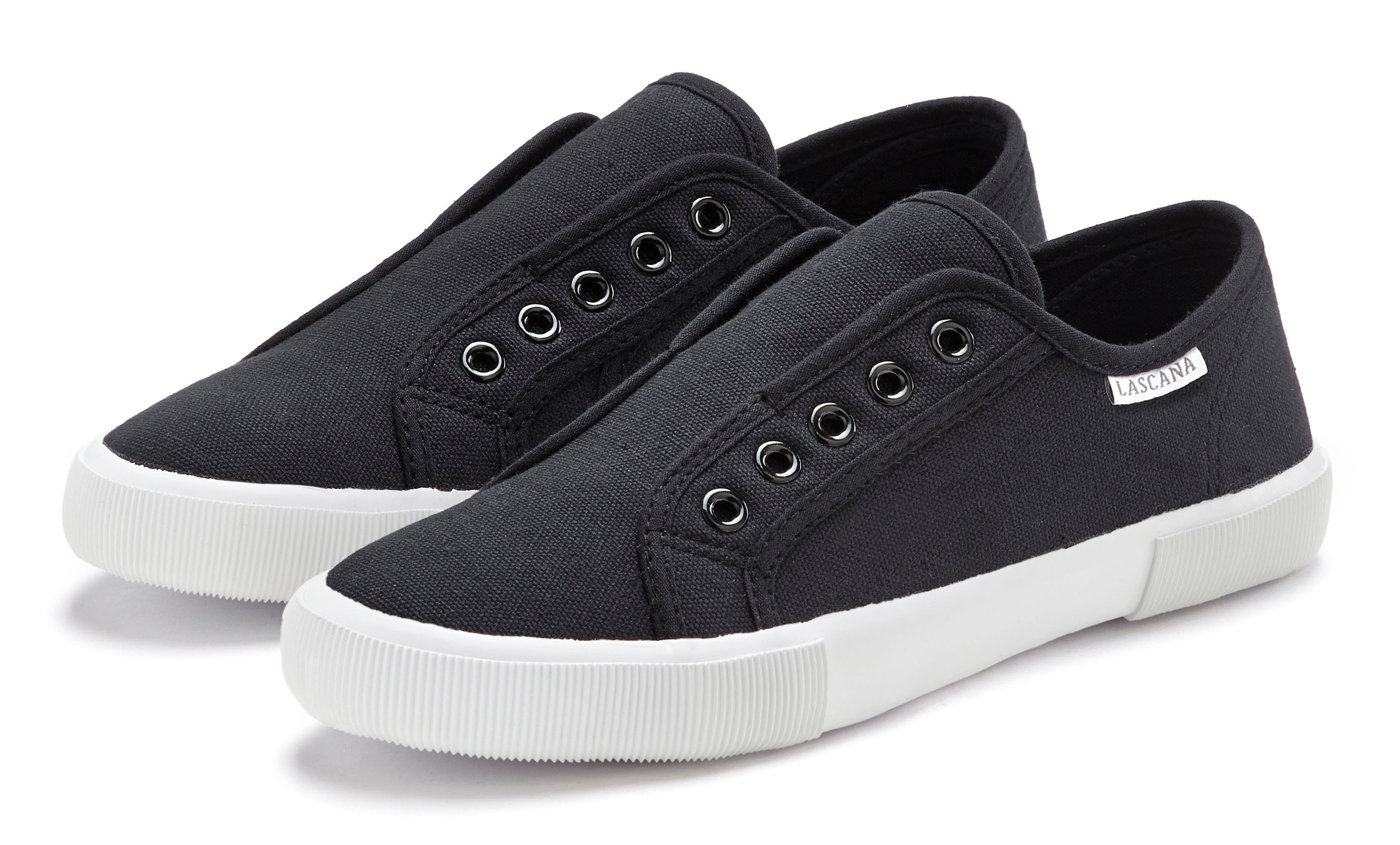 Sneaker LASCANA "Slip-On-Sneaker", Damen, Gr. 37, schwarz, Obermaterial: 100% Textilmaterial. Decksohle: 100% Textilmaterial. Futter: 100% Textilmaterial. Laufsohle: 100% Synthetik, unifarben, Basic, Schuhe Damenschuh Skaterschuh Sneaker low Slip-on-Sneak