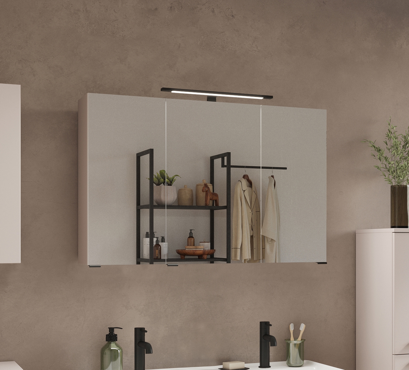 welltime Spiegelschrank »SALVADA, 3D-Spiegelschrank 100 cm, gedämpfte Scharniere, LED-Lampe« Kaschmir, Front und Korpus aus hochwertigen MDF, Anti-Finger-Print