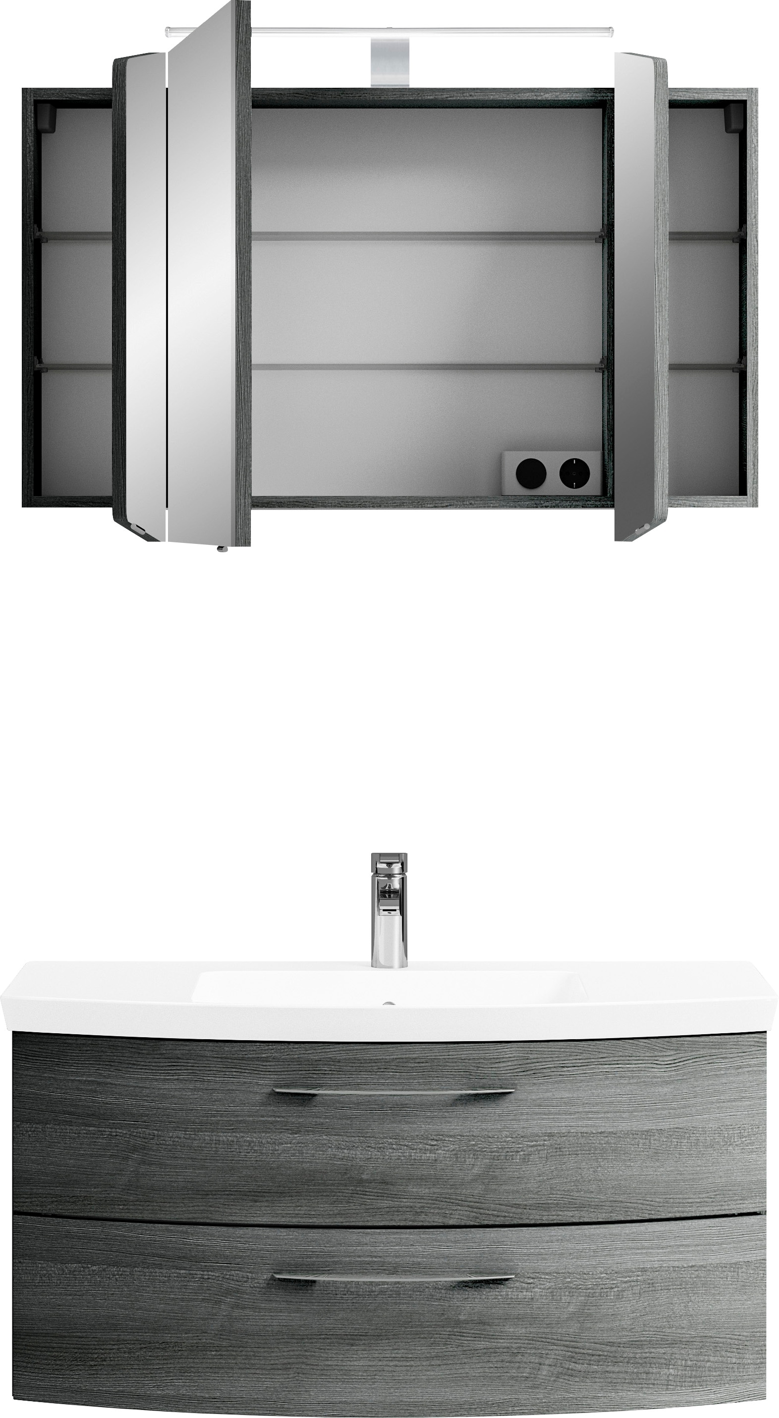 Saphir Badmöbel-Set »Cassca Sprint 2-teilig Mineralmarmor-Waschtisch mit LED-Spiegelschrank«, (2 St.), Waschplatz mit 2 Schubladen, inkl. Dämpfer, 101 cm breit