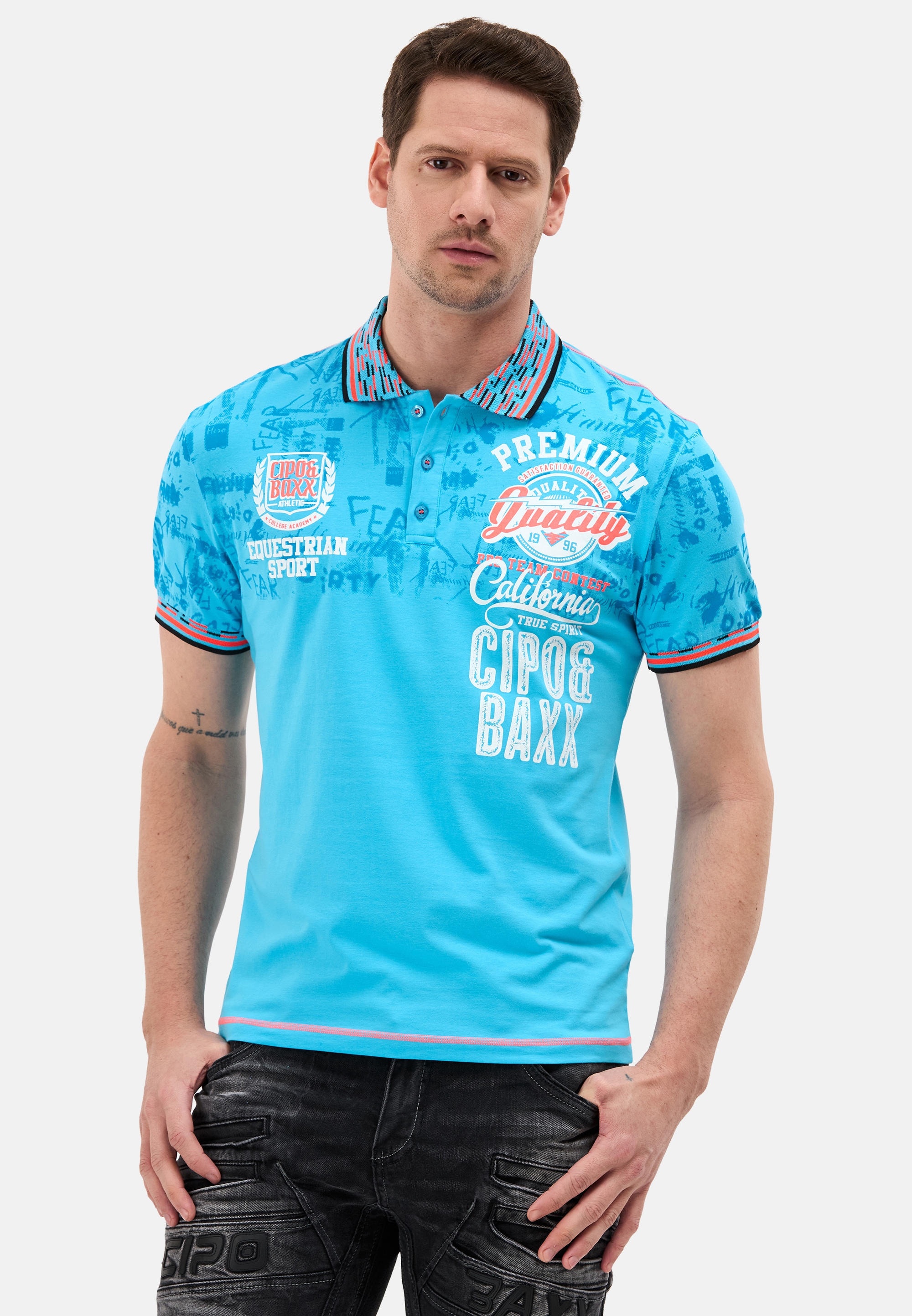 Poloshirt CIPO & BAXX, Herren, Gr. 3XL, turquoise, Jersey, Obermaterial: 95% Baumwolle, 5% Elasthan, bedruckt, unifarben, regular fit normal, Rundhals, Shirts