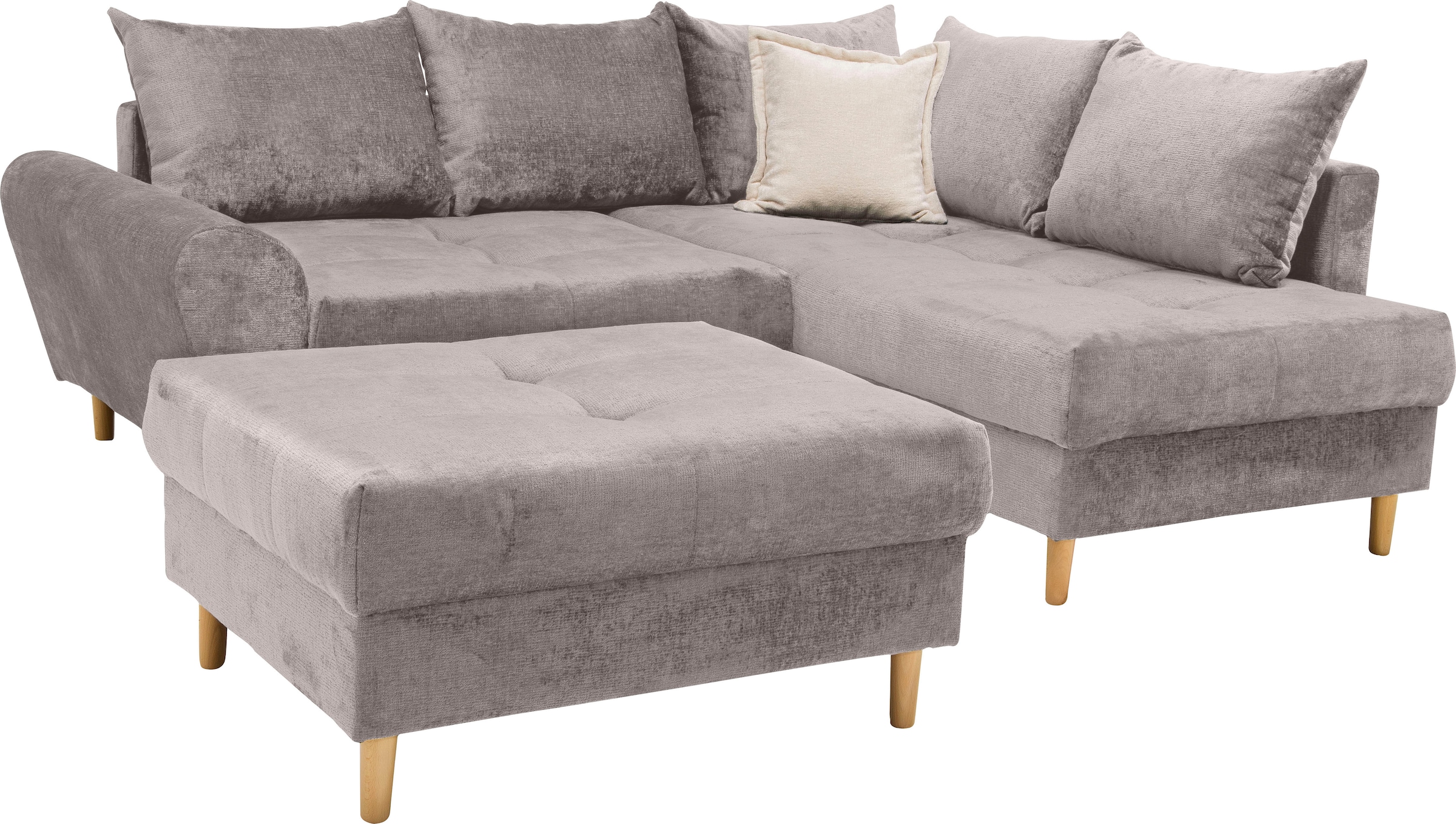 COLLECTION AB Ecksofa »Reims L-Form«, Ottomane beidseitig montierbar, inkl. Bettfunktion und Hocker