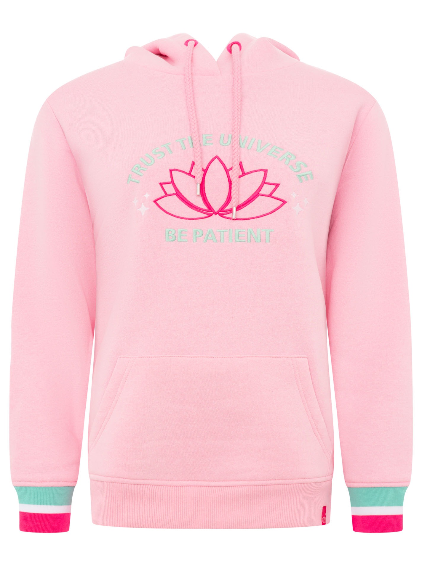 Zwillingsherz Hoodie ""Be Patient"", Schriftzug und Blüte, gestreifte Ärmel günstig online kaufen