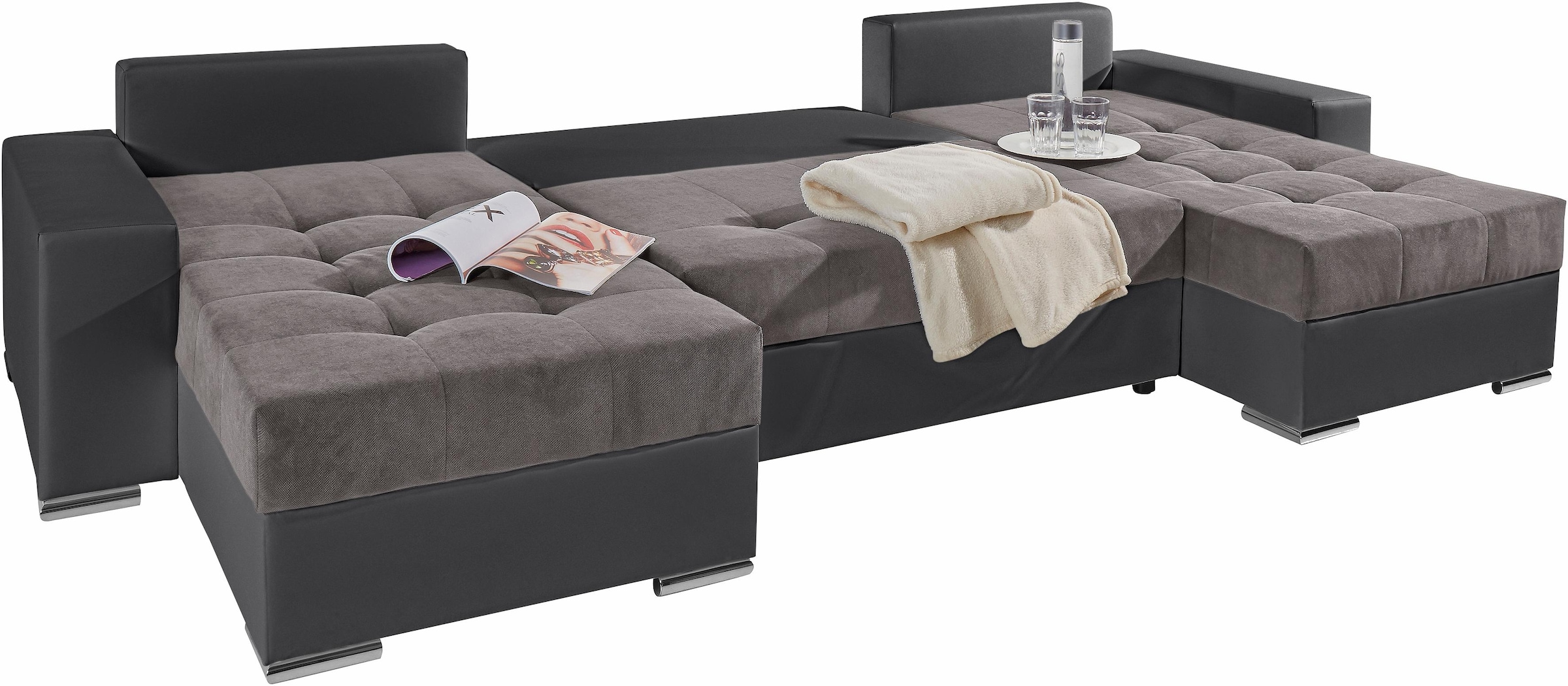 COLLECTION AB Wohnlandschaft »XL-Josy U-Form, Breite 313 cm, Flachgewebe, Struktur, Kunstleder«, inkl. Bettfunktion, Bettkasten, mit 4 gleich großen Rückenkissen