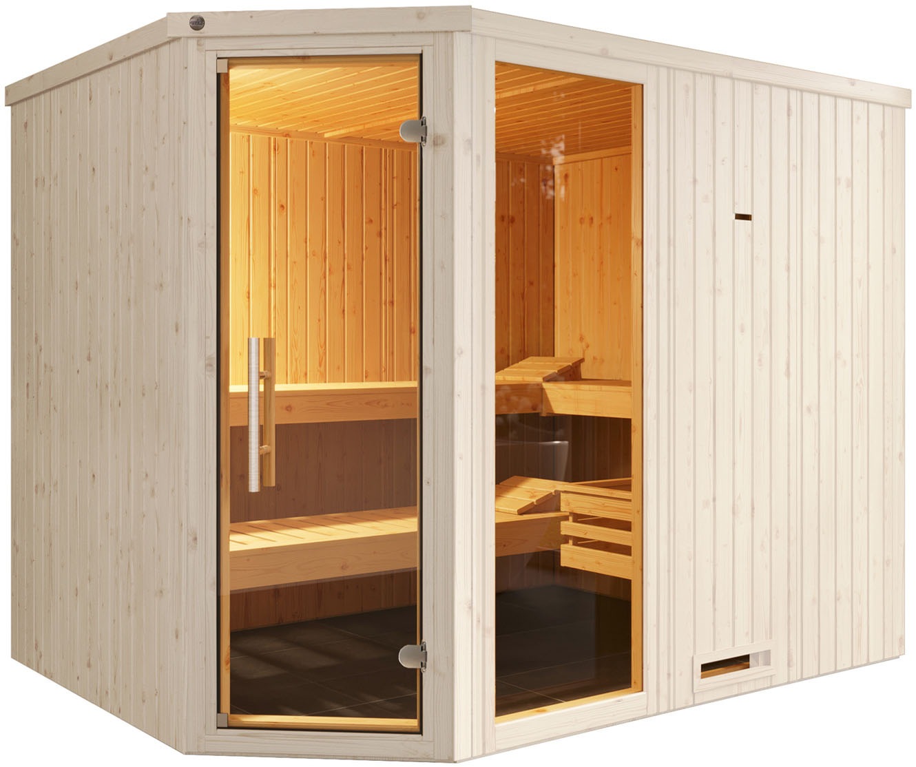 weka Sauna »Element-Ecksauna VARBERG 4«, vorgefertigte Elemente, Fensterelement, moderne Ganzglastür
