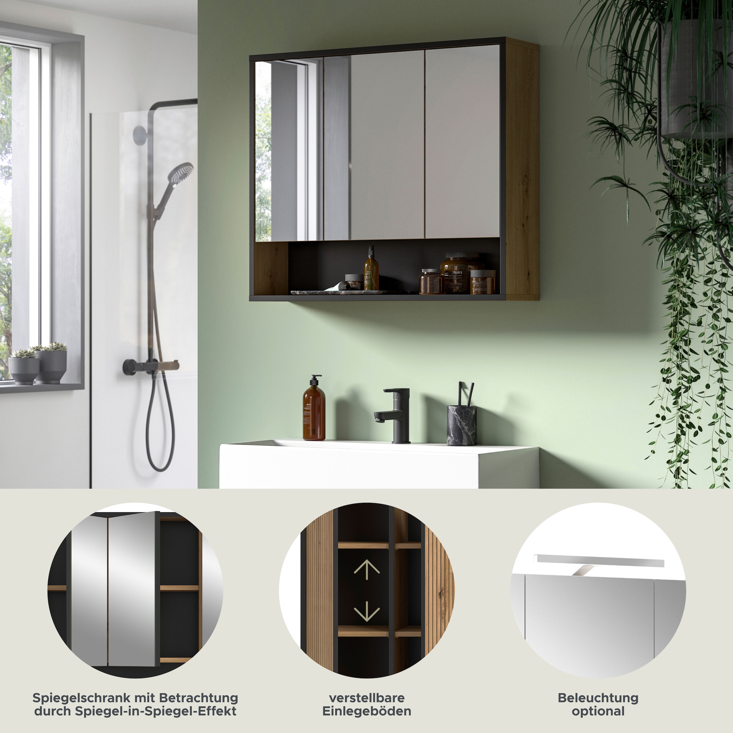 welltime Spiegelschrank »LOCRI, Höhe 68 cm, 3 Spiegeltüren, 3 Einlegeböden, 1 offenes Fach« viel Stauraum, für perfekte Organisation, 1 Stk. tlg. Badmöbel, Badschrank, Badhochschrank, Schrank, Bad, Badezimmer
