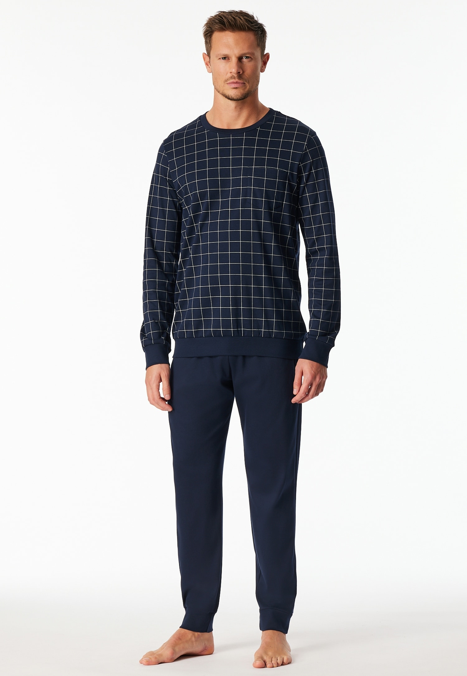 Schiesser Pyjama »Fine Interlock« mit Rundhalsausschnitt, langärmelig, Baumwolle
