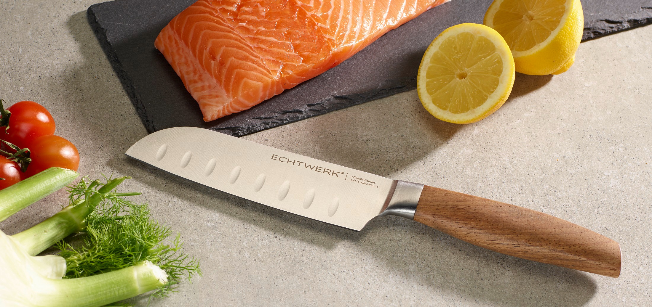 ECHTWERK Santokumesser "Classic Edition" Küchenmesser, Edelstahl, Klingenlänge 15 cm, Griff aus Akazienholz
