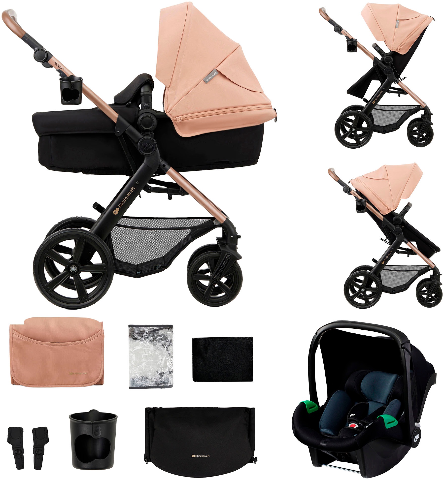 KINDERKRAFT Kinder Kombi-Kinderwagen "MOOV 2 3IN1", rosa, Stahl, Kinderwagen, mit EVA-Rädern