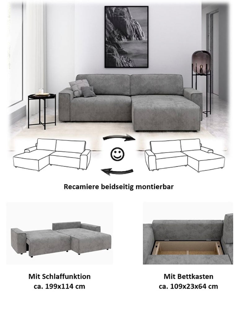 INOSIGN Ecksofa »Chance, Recamiere beidseitig montierbar, Schlaffunktion, Breite 265 cm«, in Cordstoff HYPER, mit Schlaffunktion und Bettkasten
