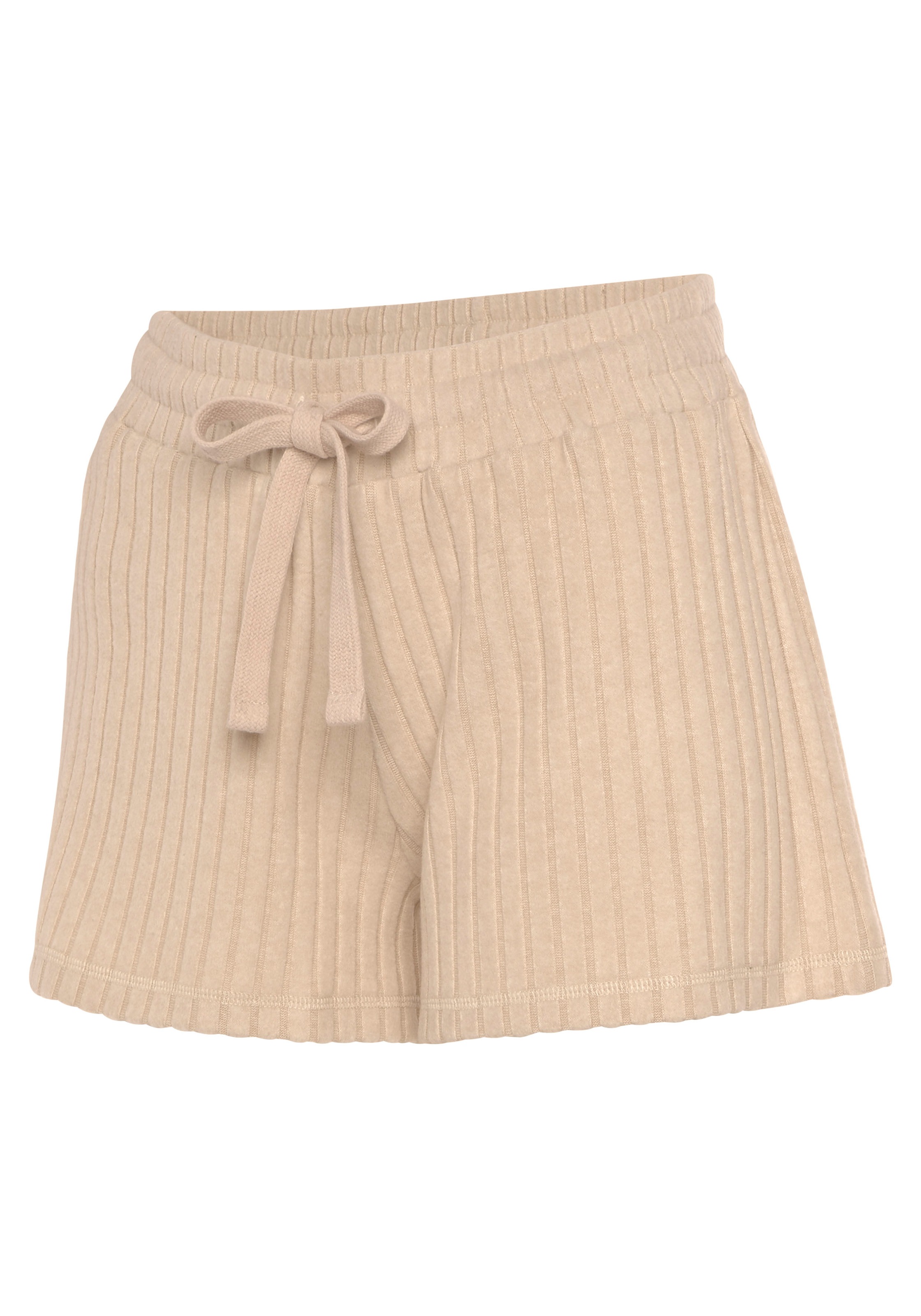 Shorts LASCANA, Damen, Gr. 44/46, N-Gr, beige (sand, meliert), Rippware, Obermaterial: 56% Polyester, 41% Viskose, 3% Elasthan, meliert, unifarben, Basic, Basic kurz, Hosen Shorts, Lounge-/ Strickshorts meliert mit Bindeband, Loungewear 3