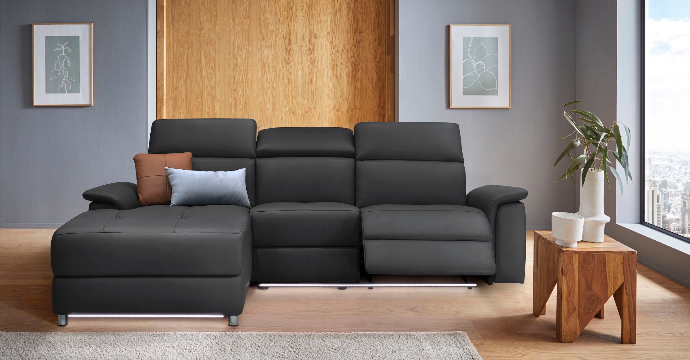 Places of Style Ecksofa »Pareli, L-Form, 259cm,m. Recamiere, Echtleder, Kunstleder, Webstoff«, man. o. elektr. Relaxfunktion, USB/Kopfteilverstellg u. LED