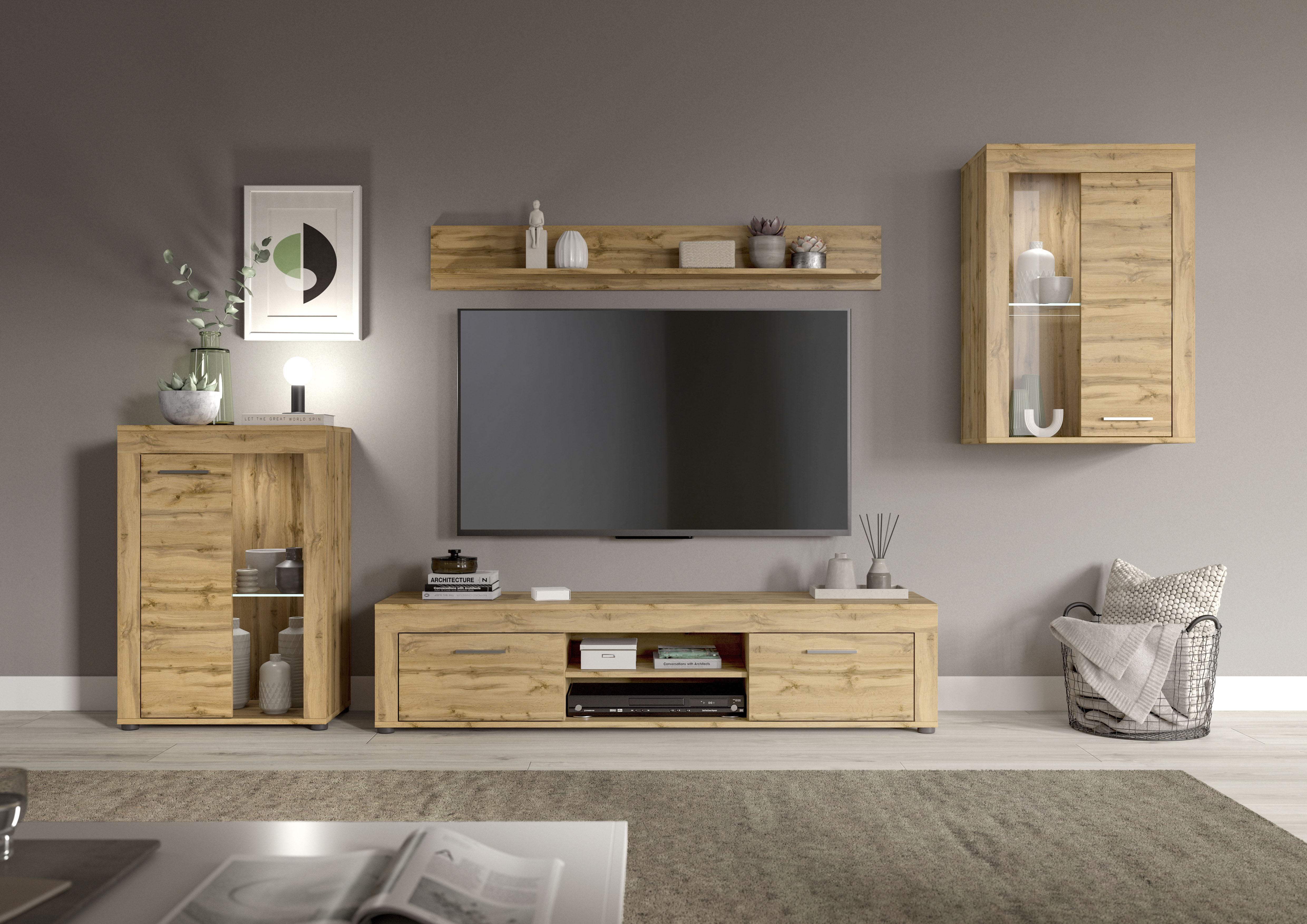 OTTO home Wohnwand "AOSTA, Breite 310cm, 4-teilige Wohn-Kombination" bestehend aus: 2x Vitrine, Lowboard & Wandboard, 4 Stk. tlg.