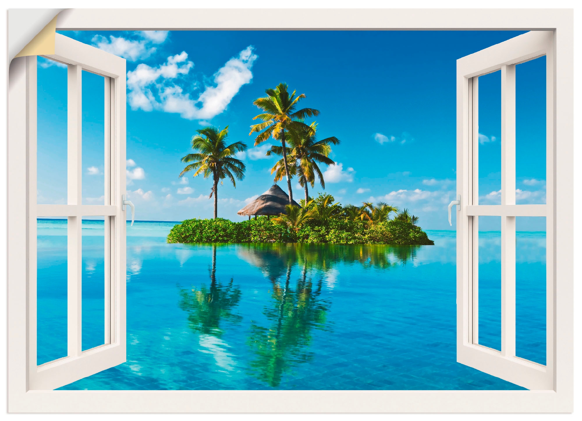 versch. (1 Fensterblick, BAUR Größen Palmen Artland Poster kaufen St.), Wandbild Insel Leinwandbild, Wandaufkleber als oder »Fensterblick | Meer«, in