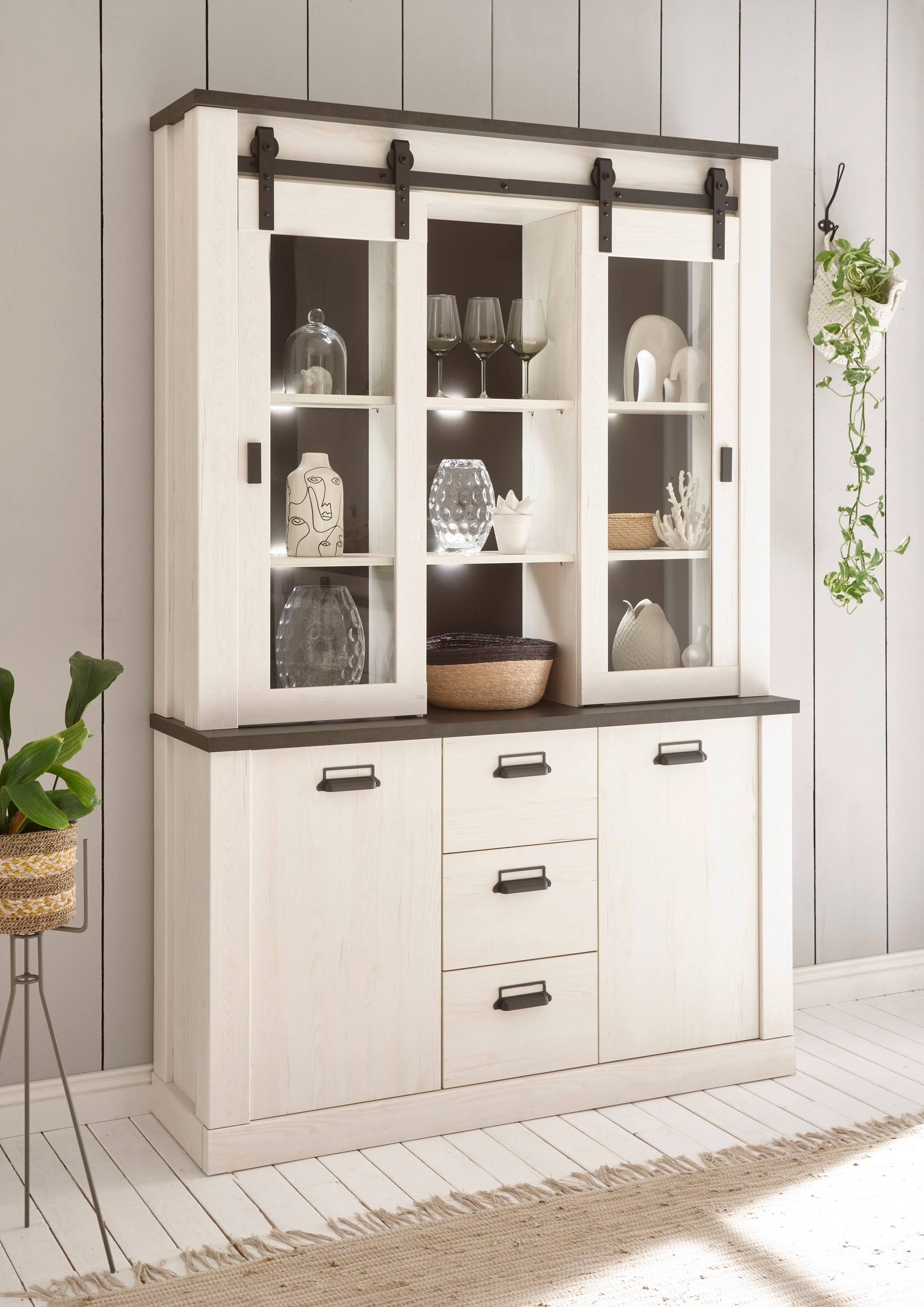 Home affaire Buffet "Sherwood, Hochschrank im Industrial-Style, Hochschrank, Küchenschrank" mit Scheunentorbeschlag & Apothekergriffen, in 2 Farben erhältlich